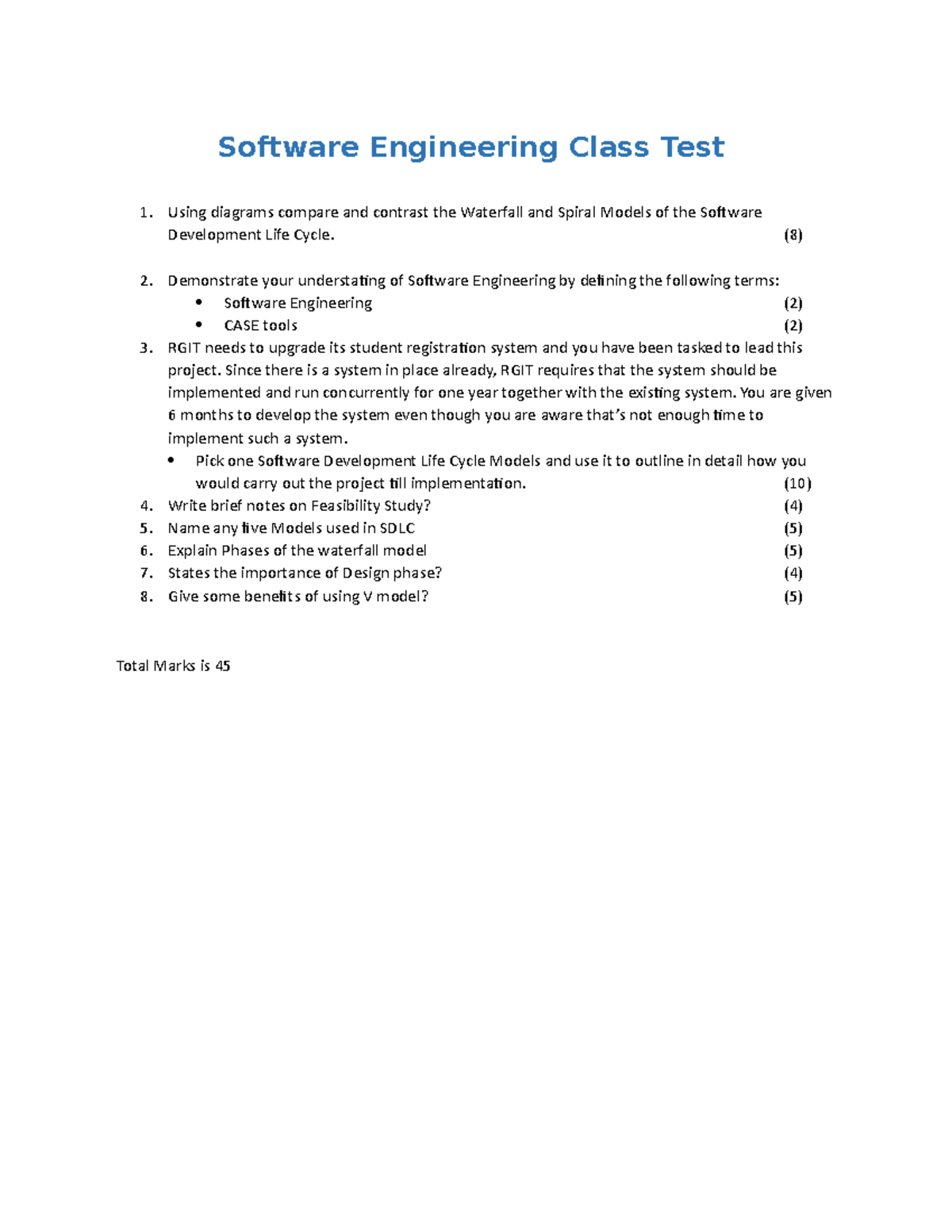 Software Engineering Class Test Software Engineering Class Test Using