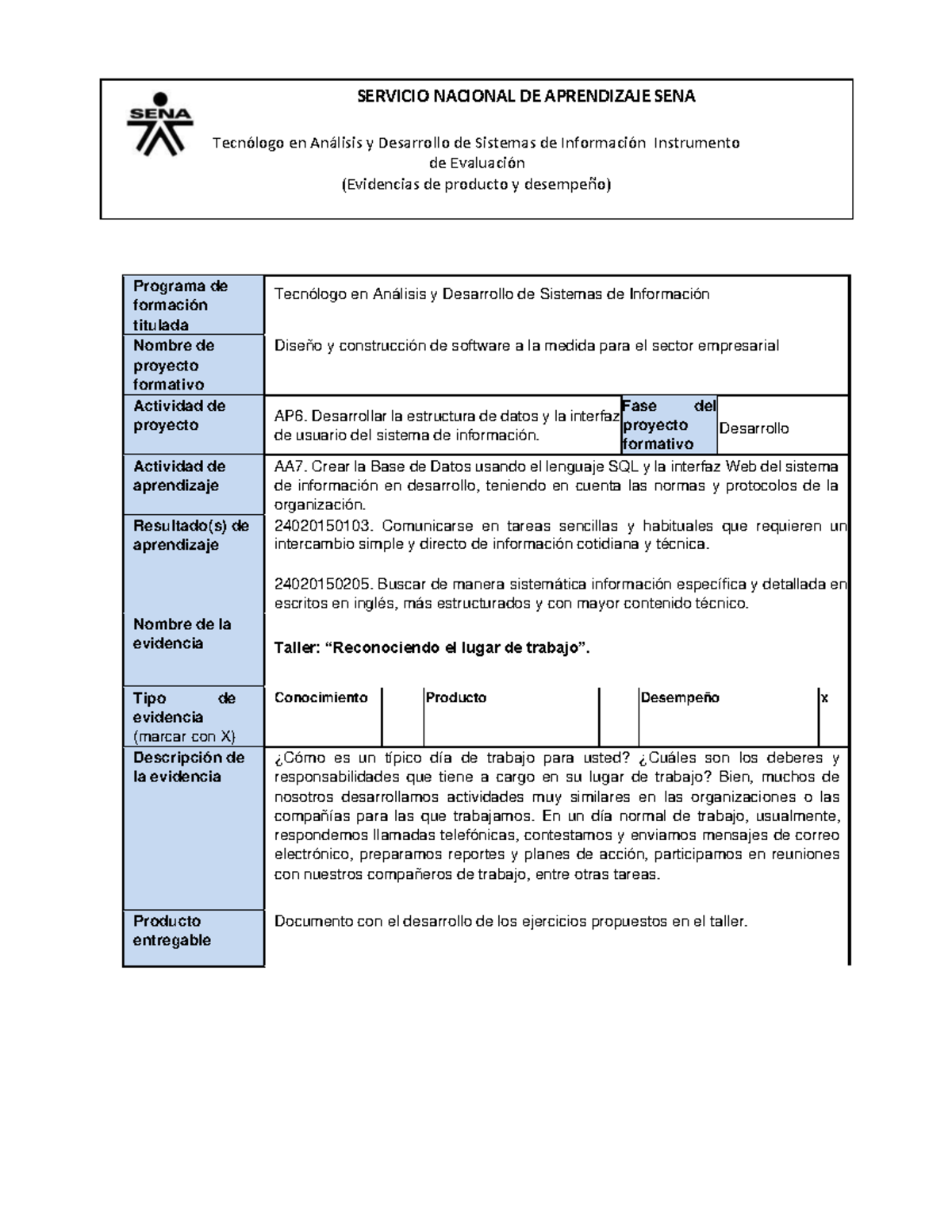 IE AP06 AA7 EV06 Ingles Taller Reconociendo Lugar Trabajo - Tecnólogo ...