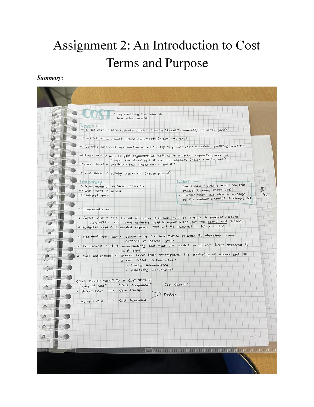 cost assignment summary