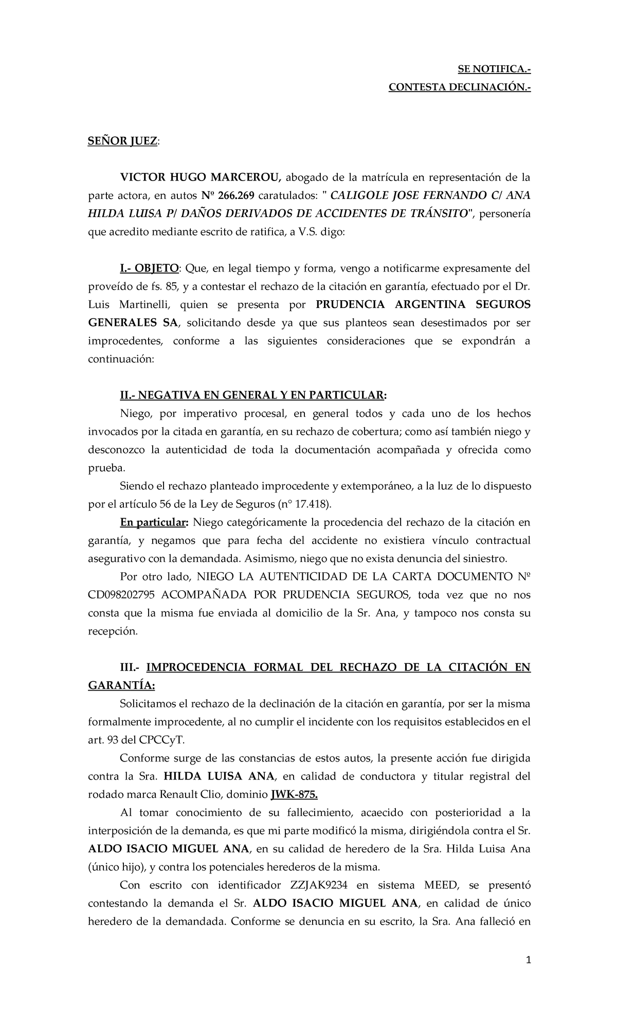 Modelo Contesta Rechazo Citacion EN Garantia - SE NOTIFICA.- CONTESTA ...