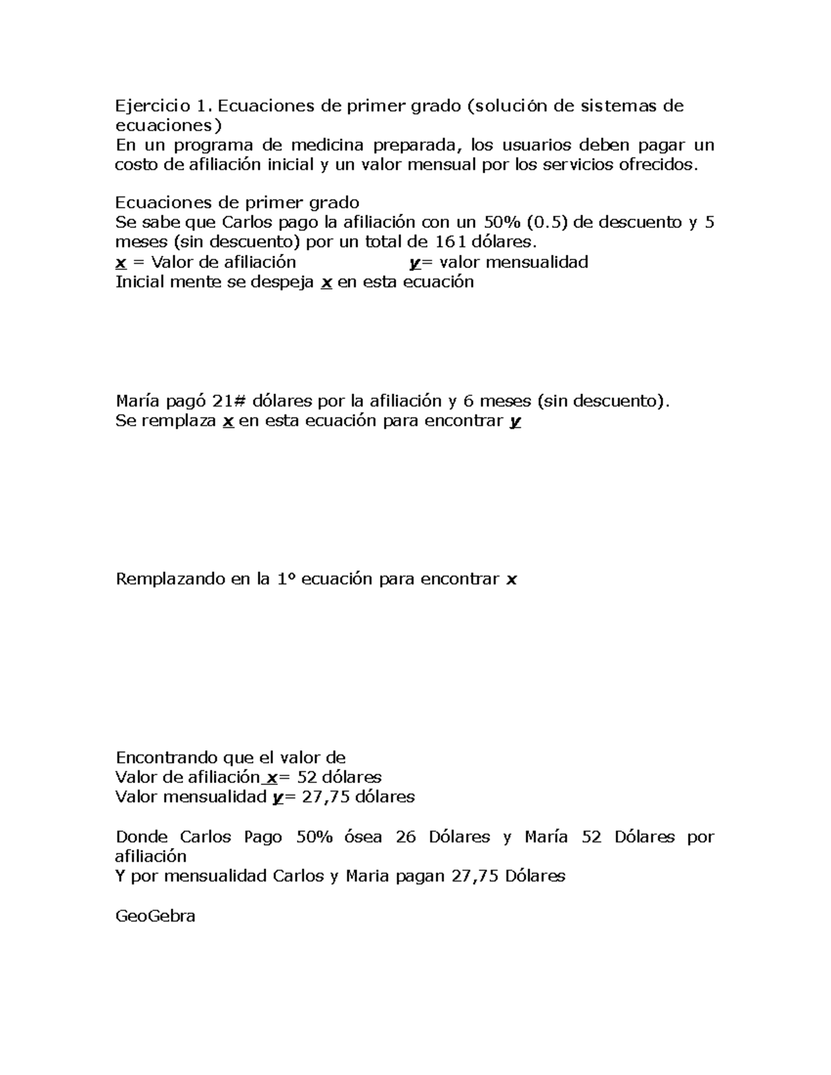 Tarea 1 Ejercicio 1 Algebra Ejercicio 1 Ecuaciones De Primer Grado