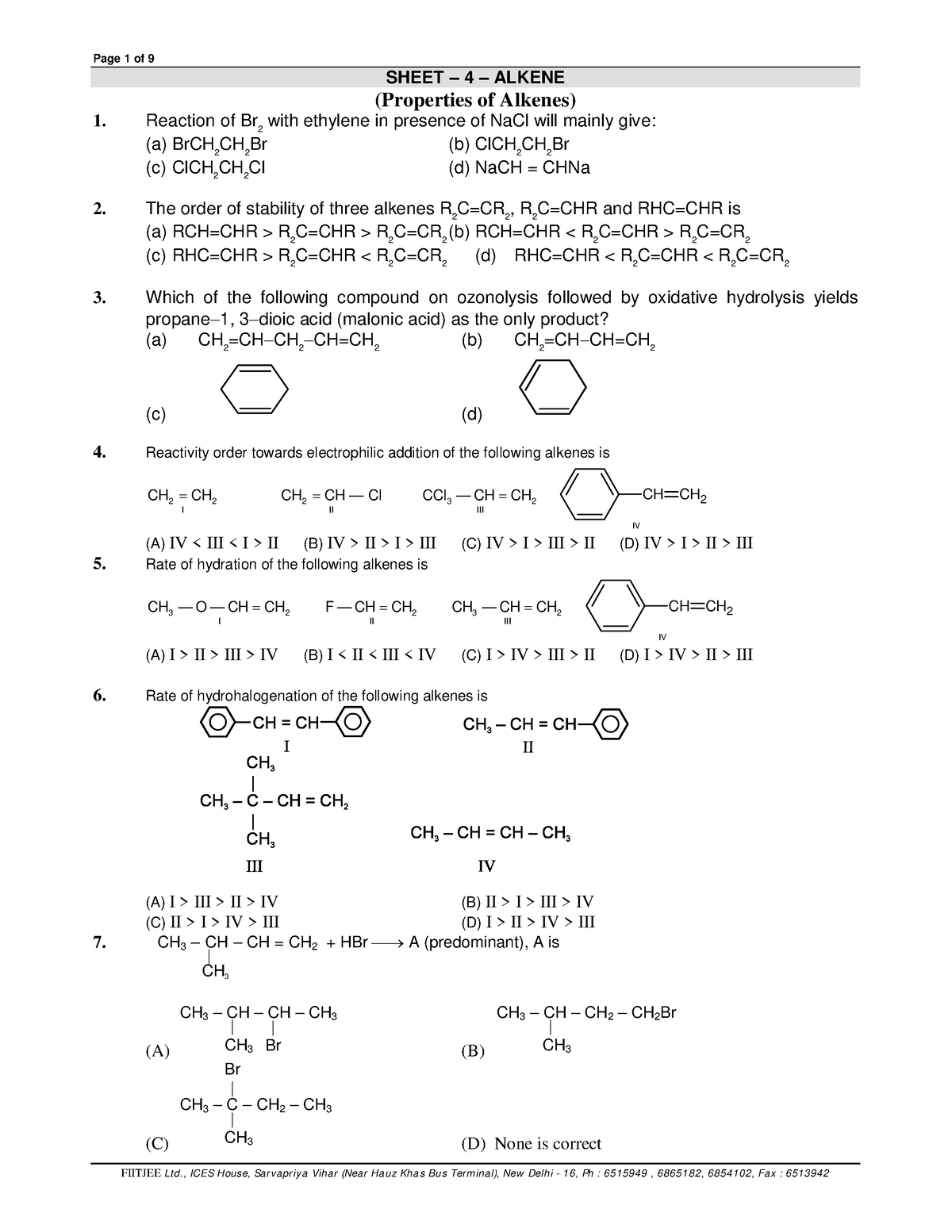 Sheet-4- Alkene - Hydrocarbons - SHEET – 4 – ALKENE (Properties of ...