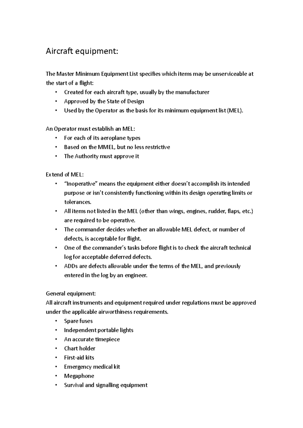 Aircraft equipment Notes for the subject Aircraft equipment The