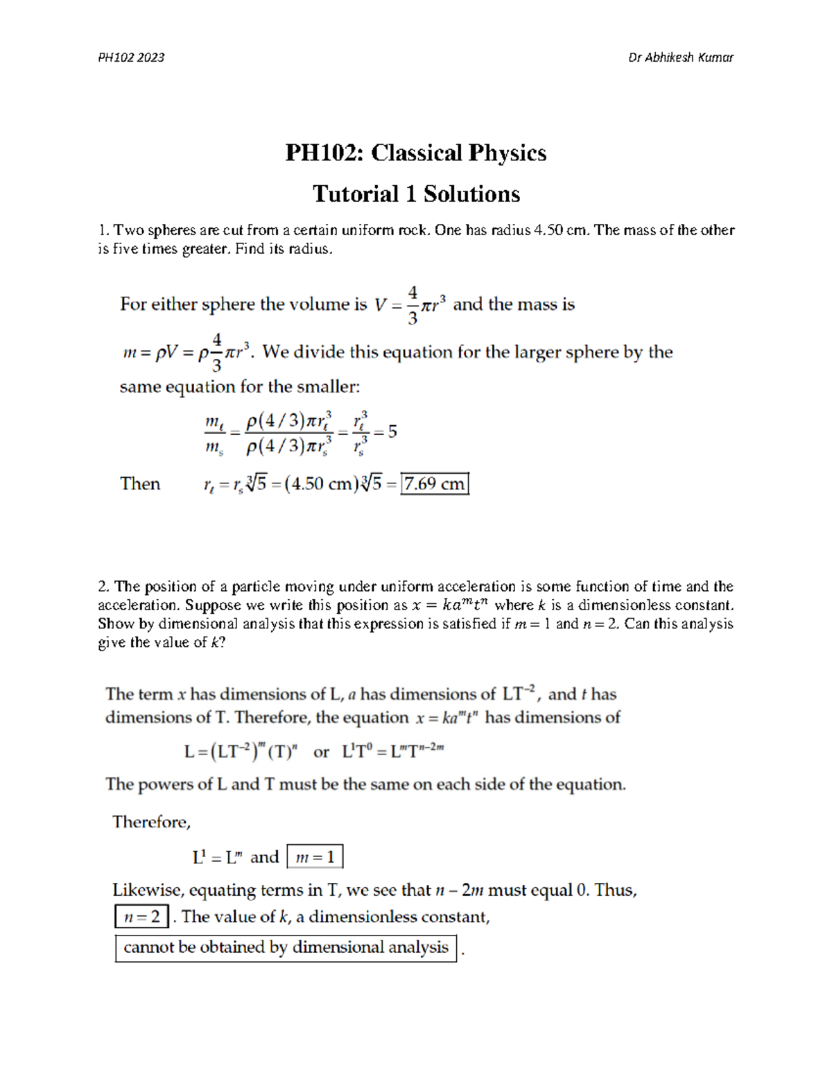 Tutorial 1 Solutions - PH102 2023 Dr Abhikesh Kumar PH102: Classical ...