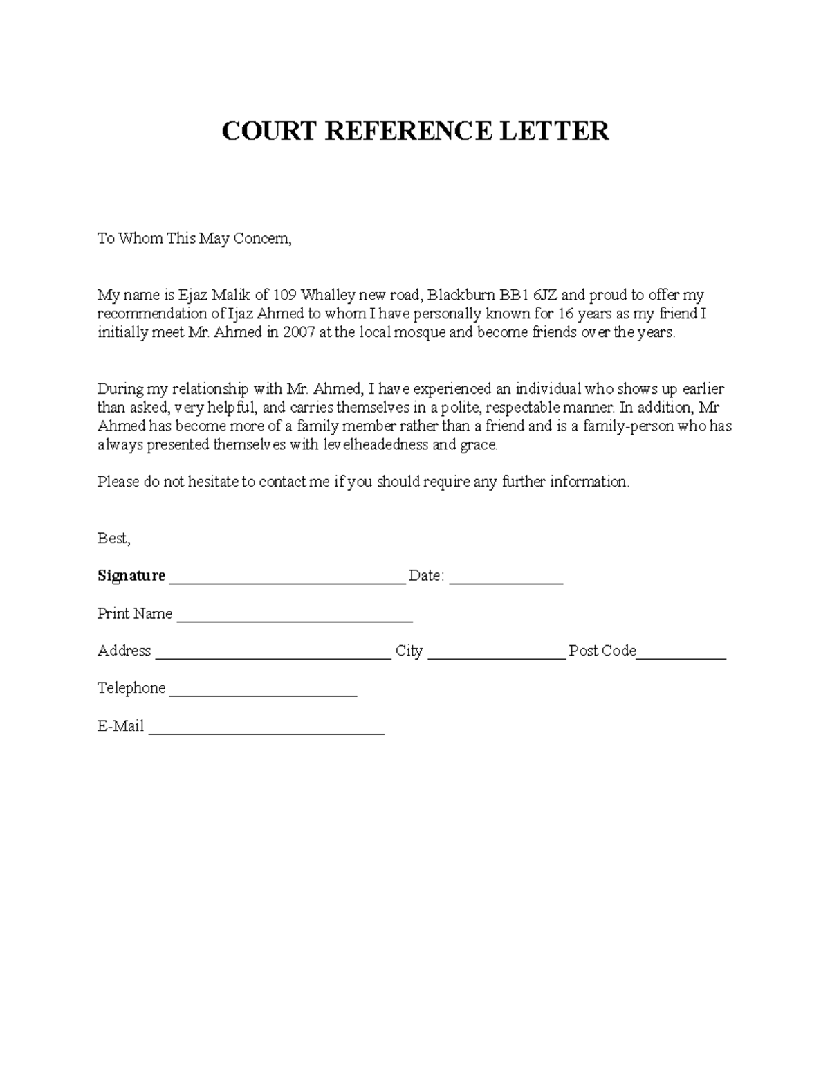 Court Reference Letter Template - COURT REFERENCE LETTER To Whom This ...