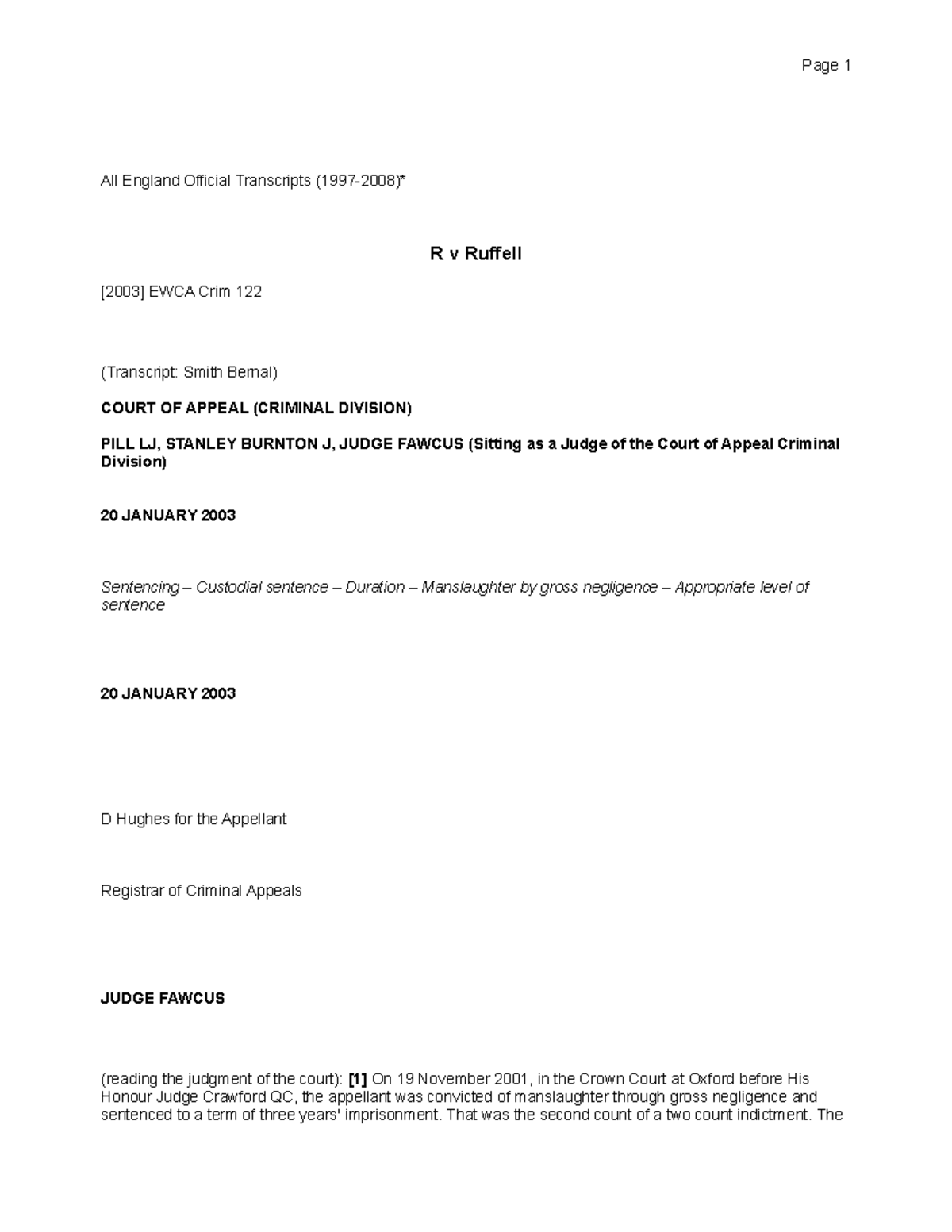 R v Ruffell - [2003 ] EWCA Crim 122 - All England Official Transcripts ...