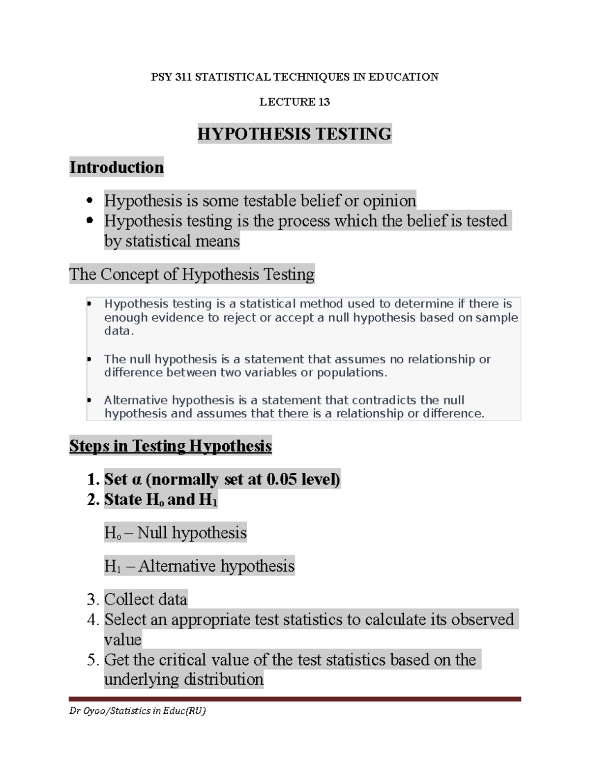 PSY 311 L13 Hypothesis Testing - PSY 311 STATISTICAL TECHNIQUES IN ...