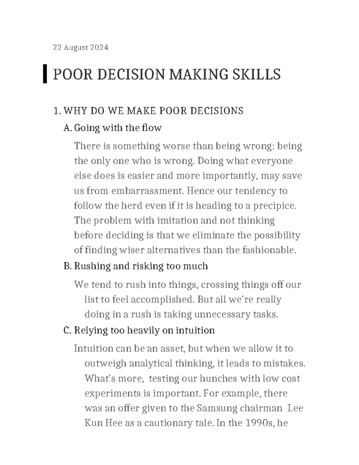 Poor decision making skills - 22 August 2024 POOR DECISION MAKING ...