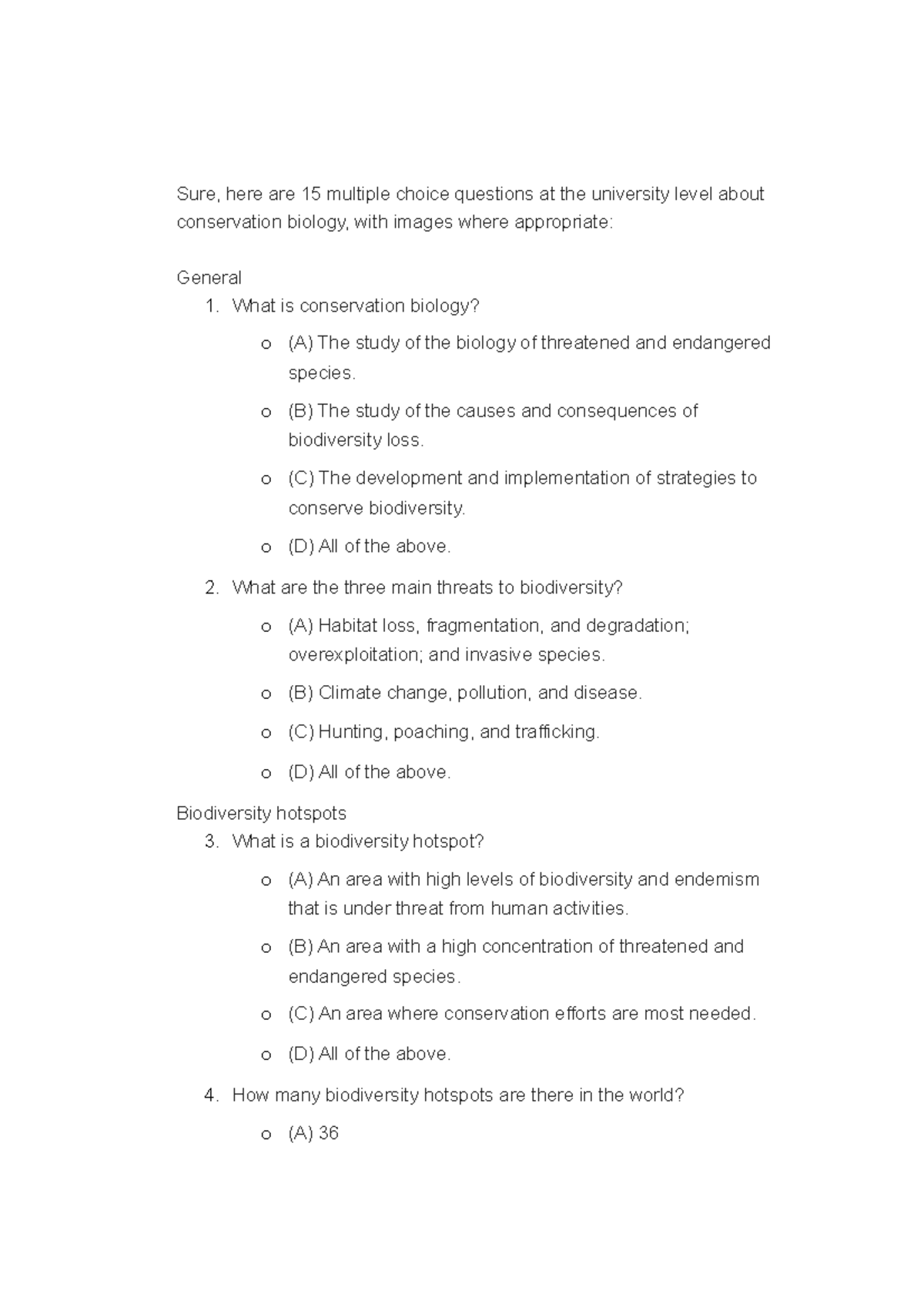 Conservation biology - Sure, here are 15 multiple choice questions at ...