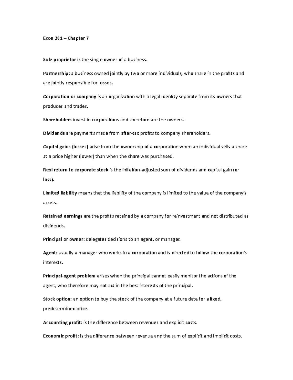 Econ 201 chapter 7 - Lecture notes chap 7 - Econ 201 – Chapter 7 Sole ...