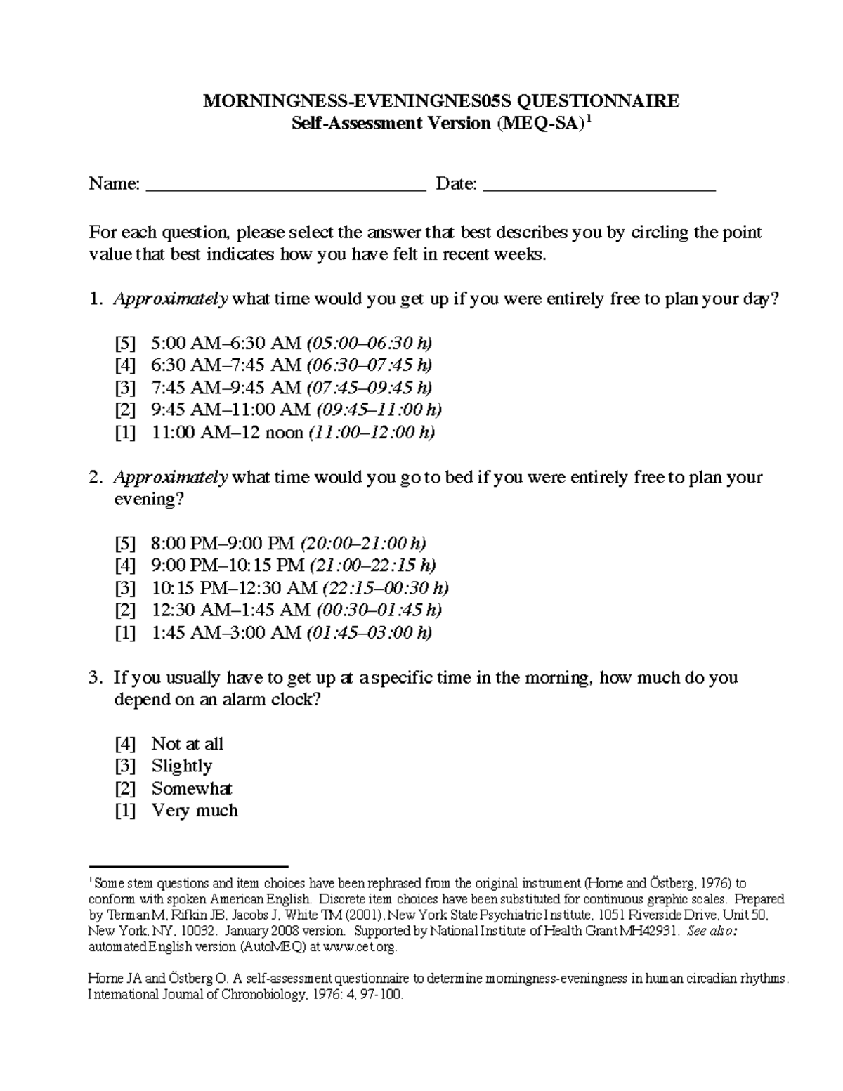 Morningness Eveningness Self assessment from cet - Self-Assessment ...