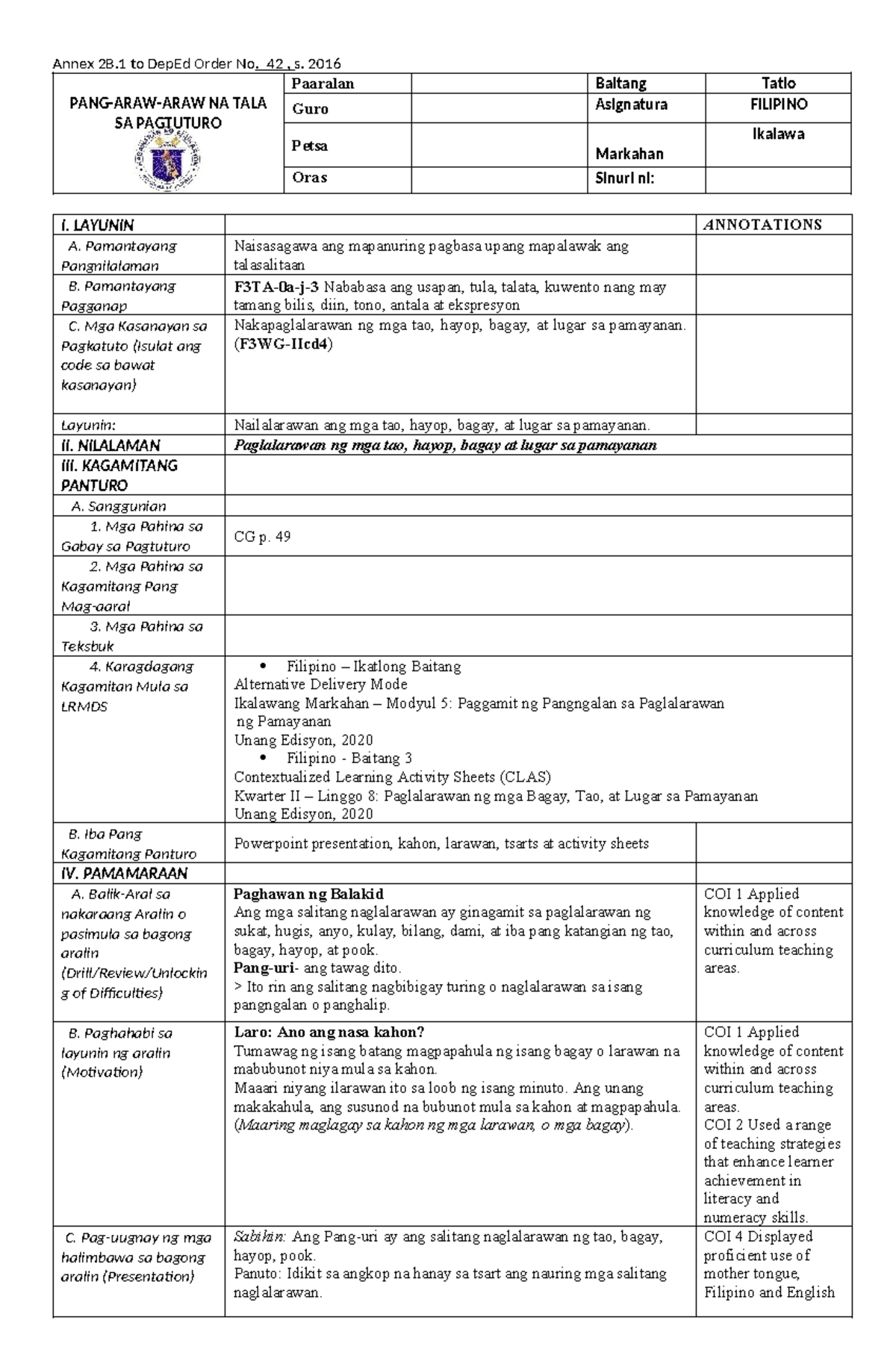 Filipino Dlp Week 5 Q2 Sample Only Annex 2b To Deped Order No 42 S 2016 Pang Araw Araw 8128