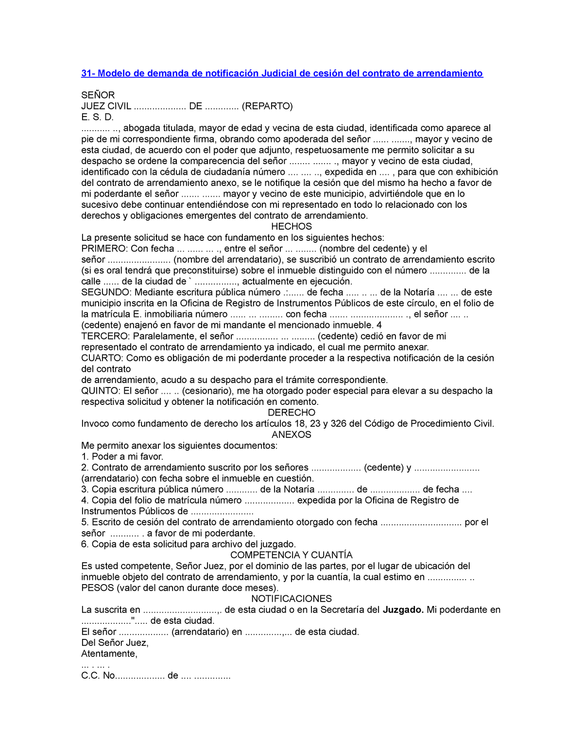 Modelo de demanda de notificación Judicial de cesión del contrato de  arrendamiento - 31- Modelo de - Studocu