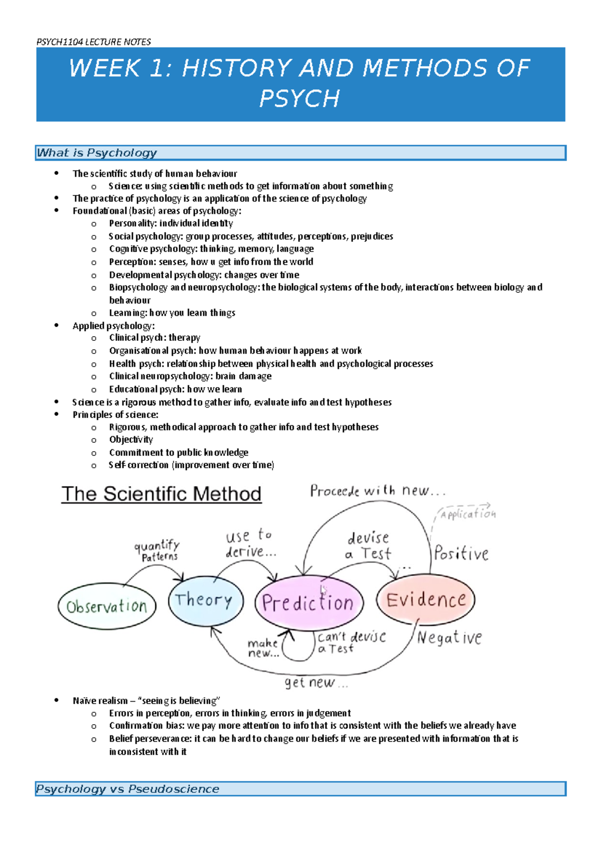 PSYCH1104 Notes - WEEK 1: HISTORY AND METHODS OF PSYCH What is ...