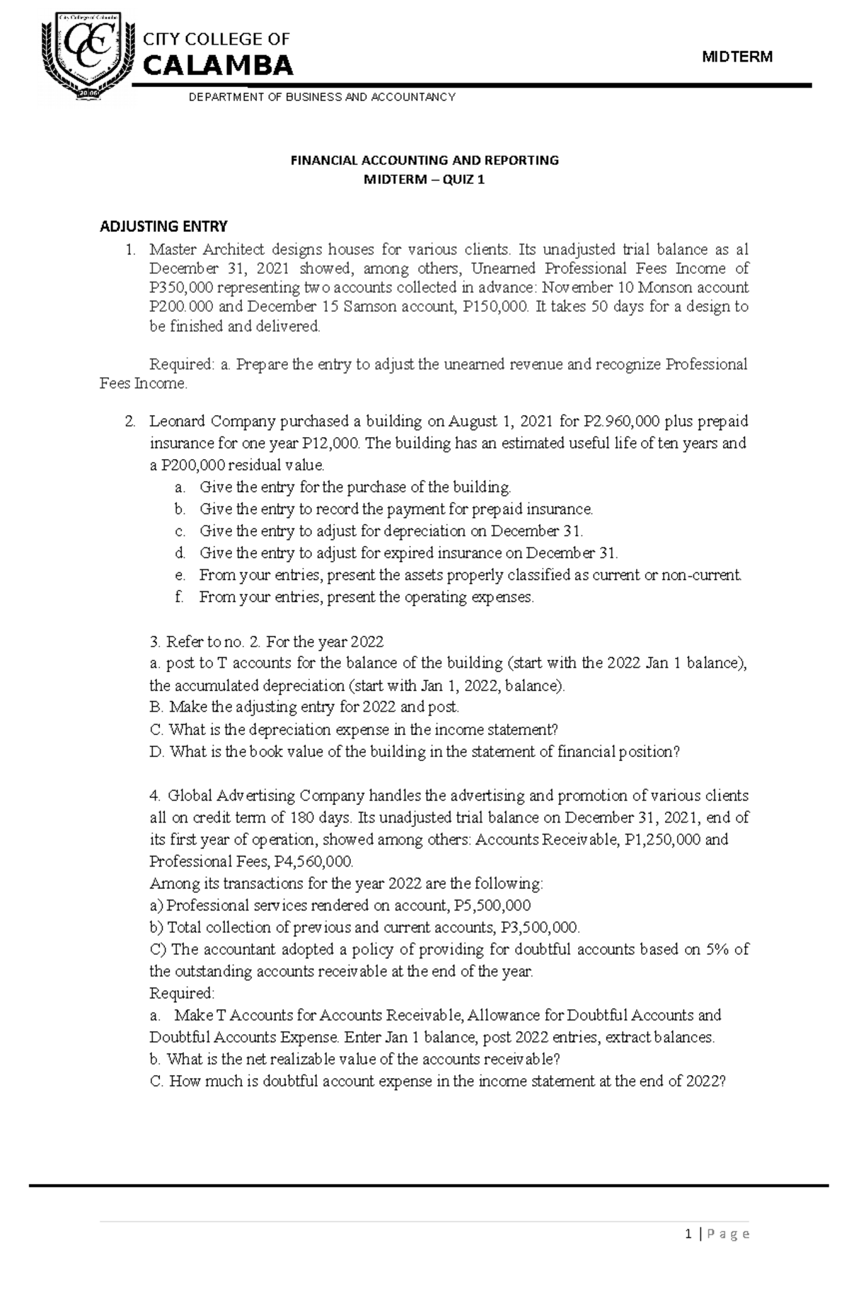 Midterm QUIZ1 - Adjusting Entries - FINANCIAL ACCOUNTING AND REPORTING ...