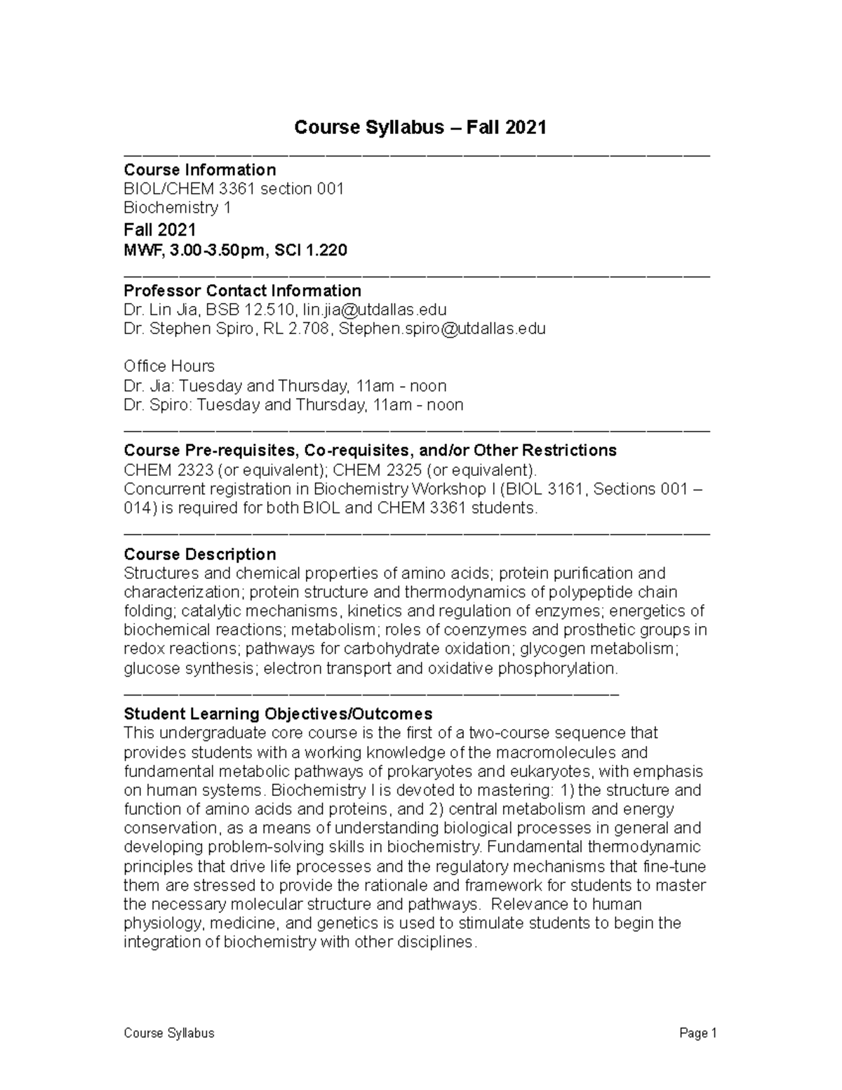 UTD Instrumental Analysis Academic Fall 2021 Syllabus Course