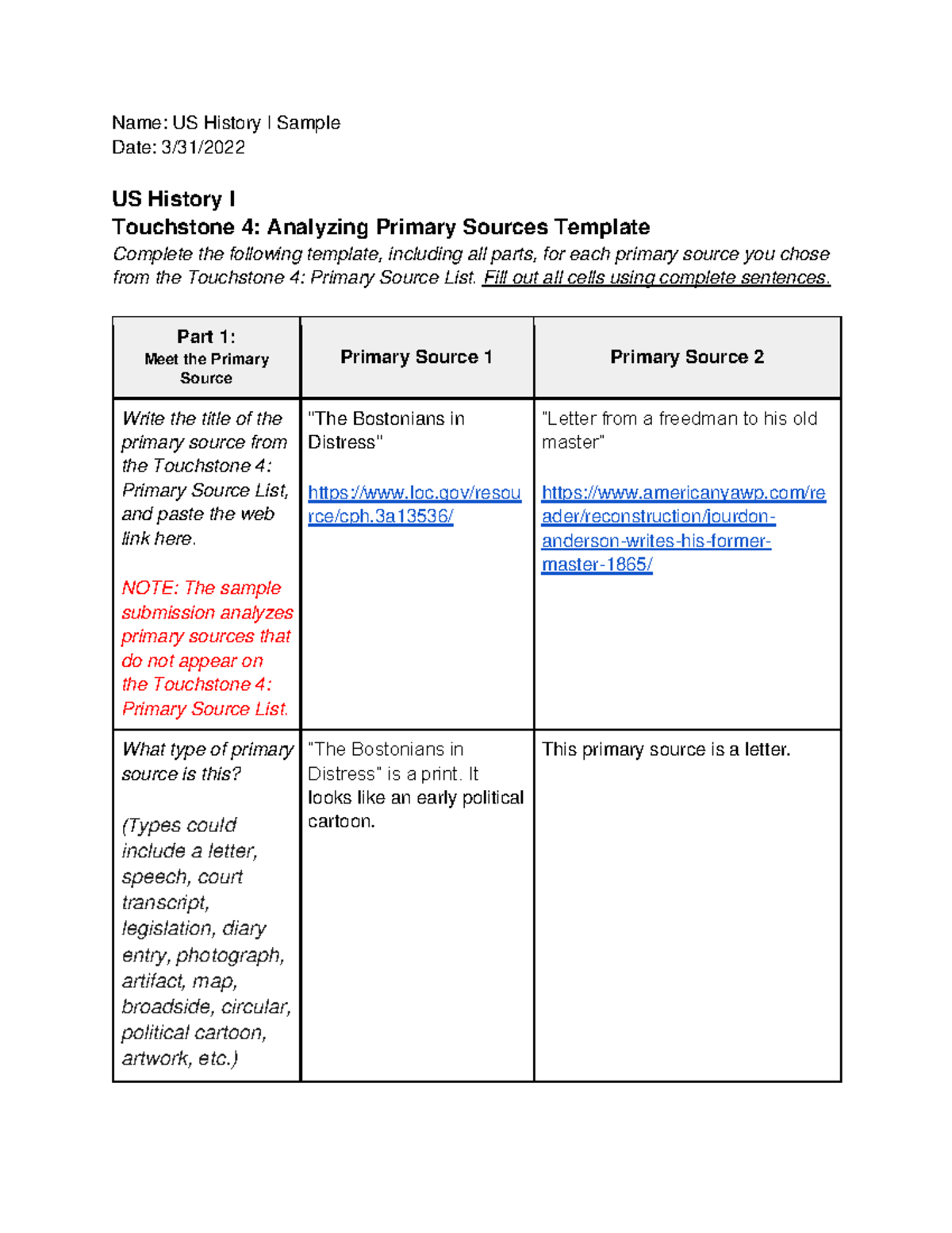 Document - history - Name: US History I Sample Date: 3/31/ US History I ...
