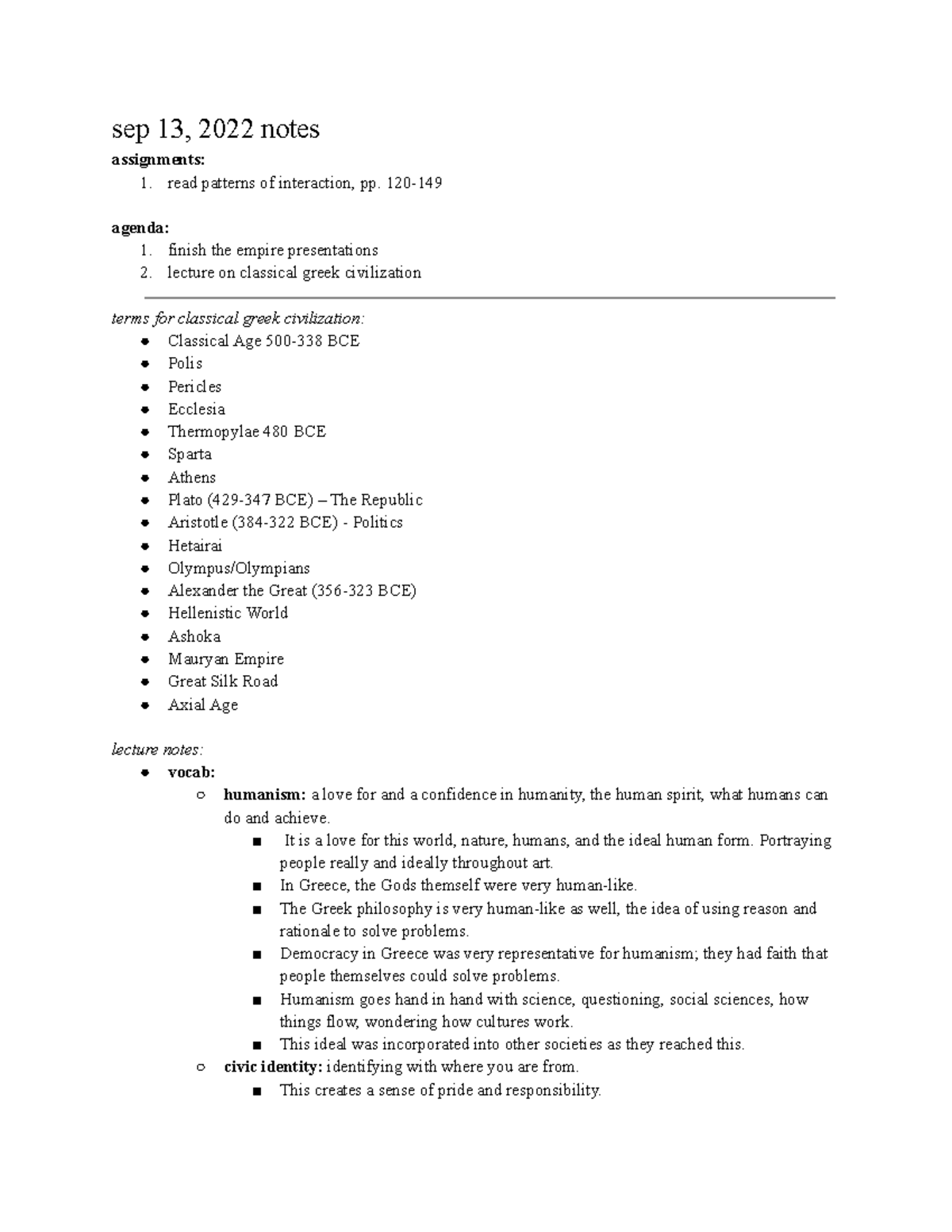 Classical greek civilization sep 13, 2022 notes - sep 13, 2022 notes ...