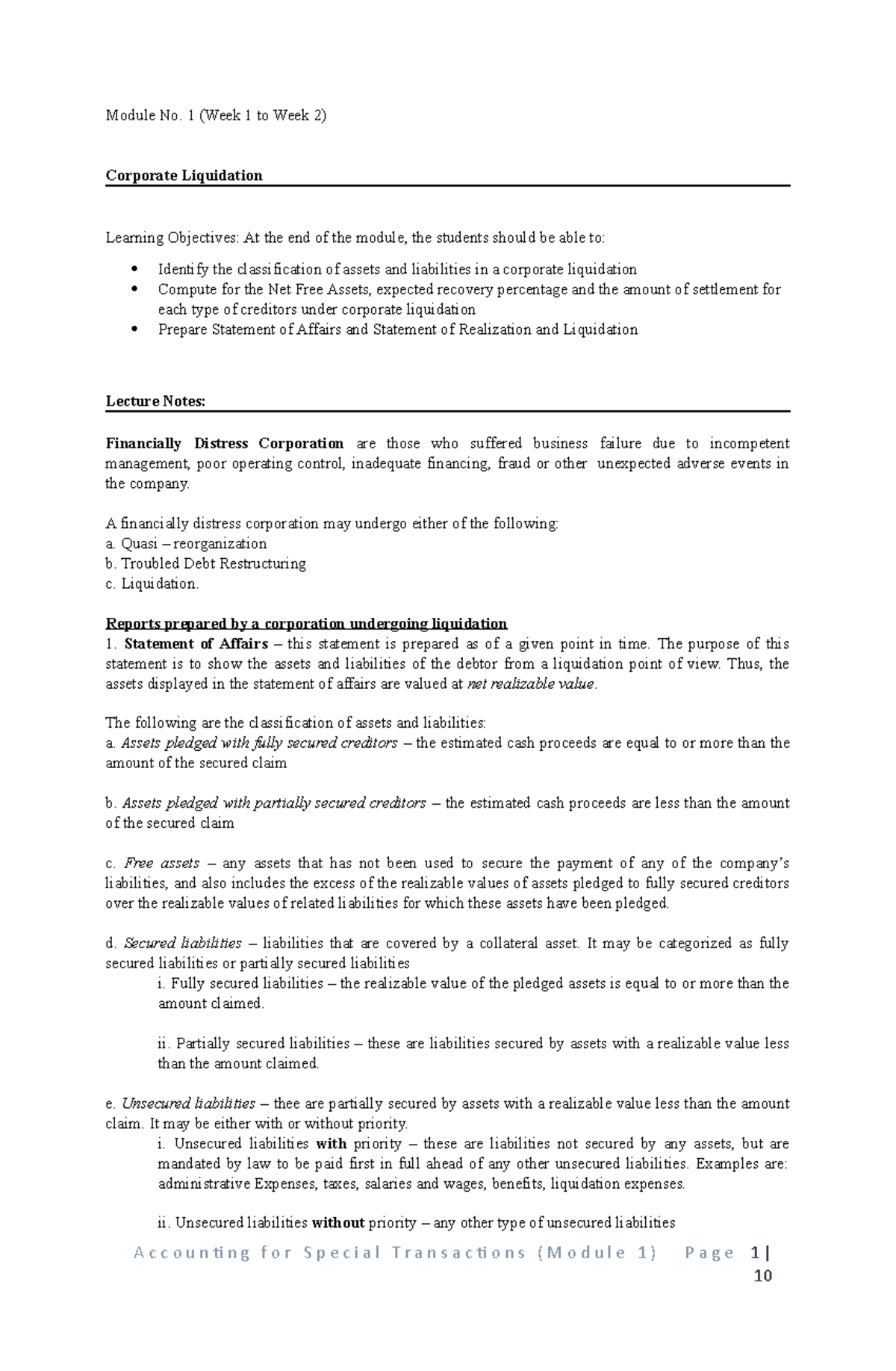Module No 1 Corporate Liquidation Module No. 1 (Week 1 to Week 2