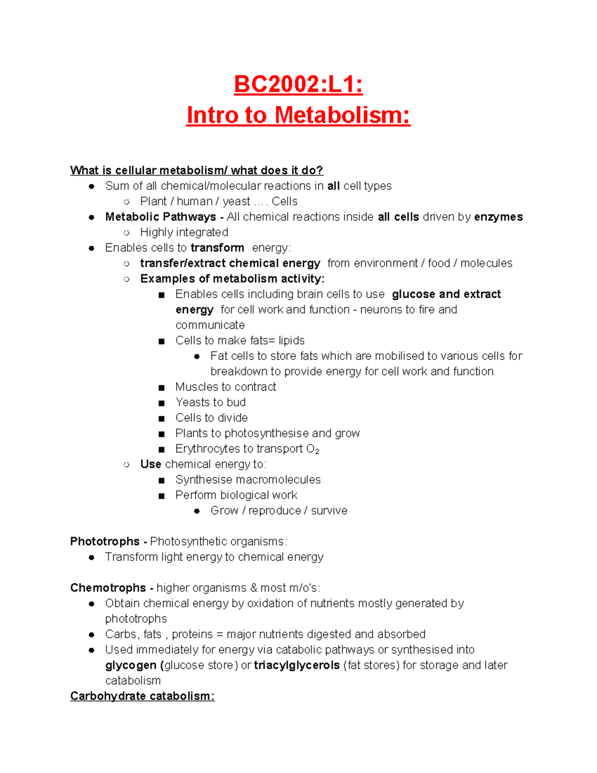 BC2002 L1 - Lecture Notes - BC2002:L1: Intro To Metabolism: What Is ...