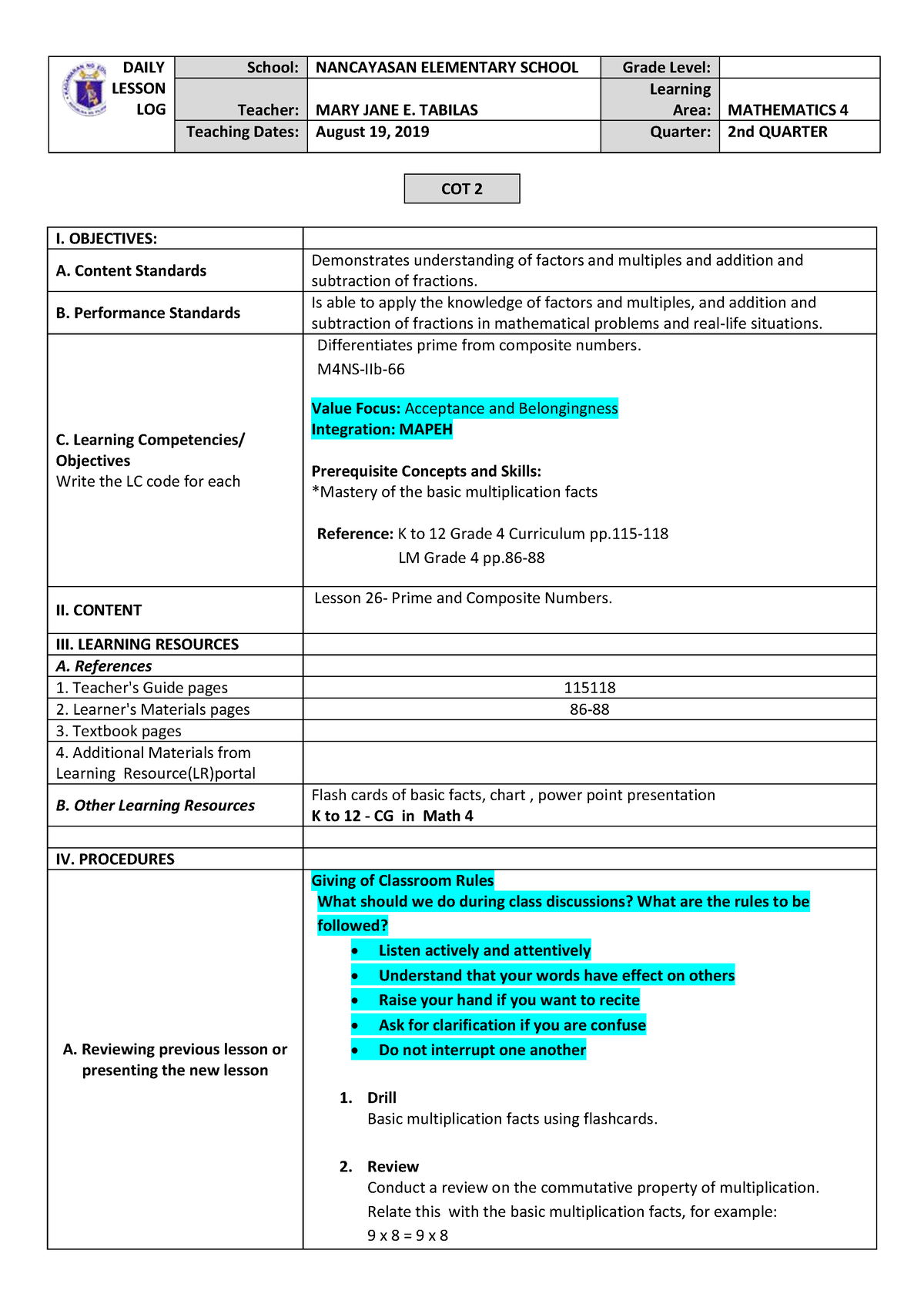 math resources for lp - DAILY LESSON LOG School: NANCAYASAN ELEMENTARY ...