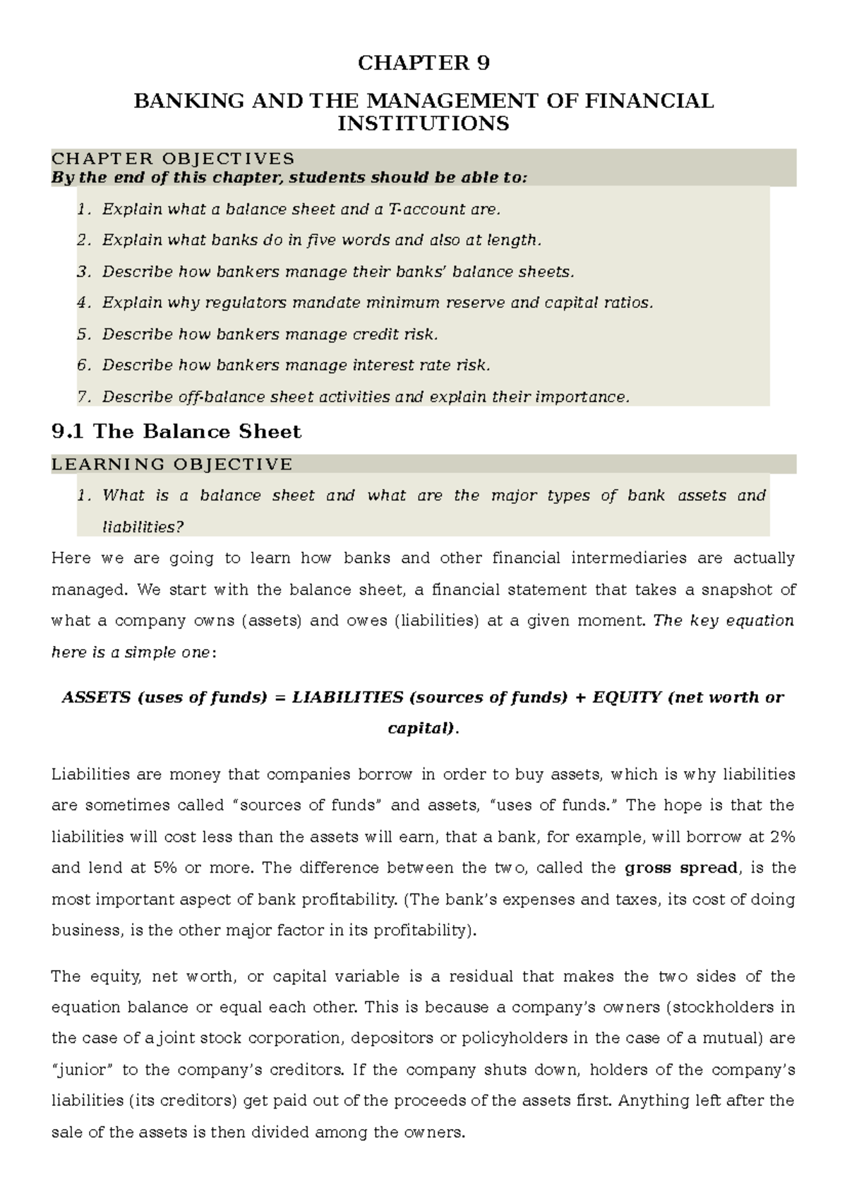 Chapter 3 Banking and Management of Financial Institutions - CHAPTER 9 ...