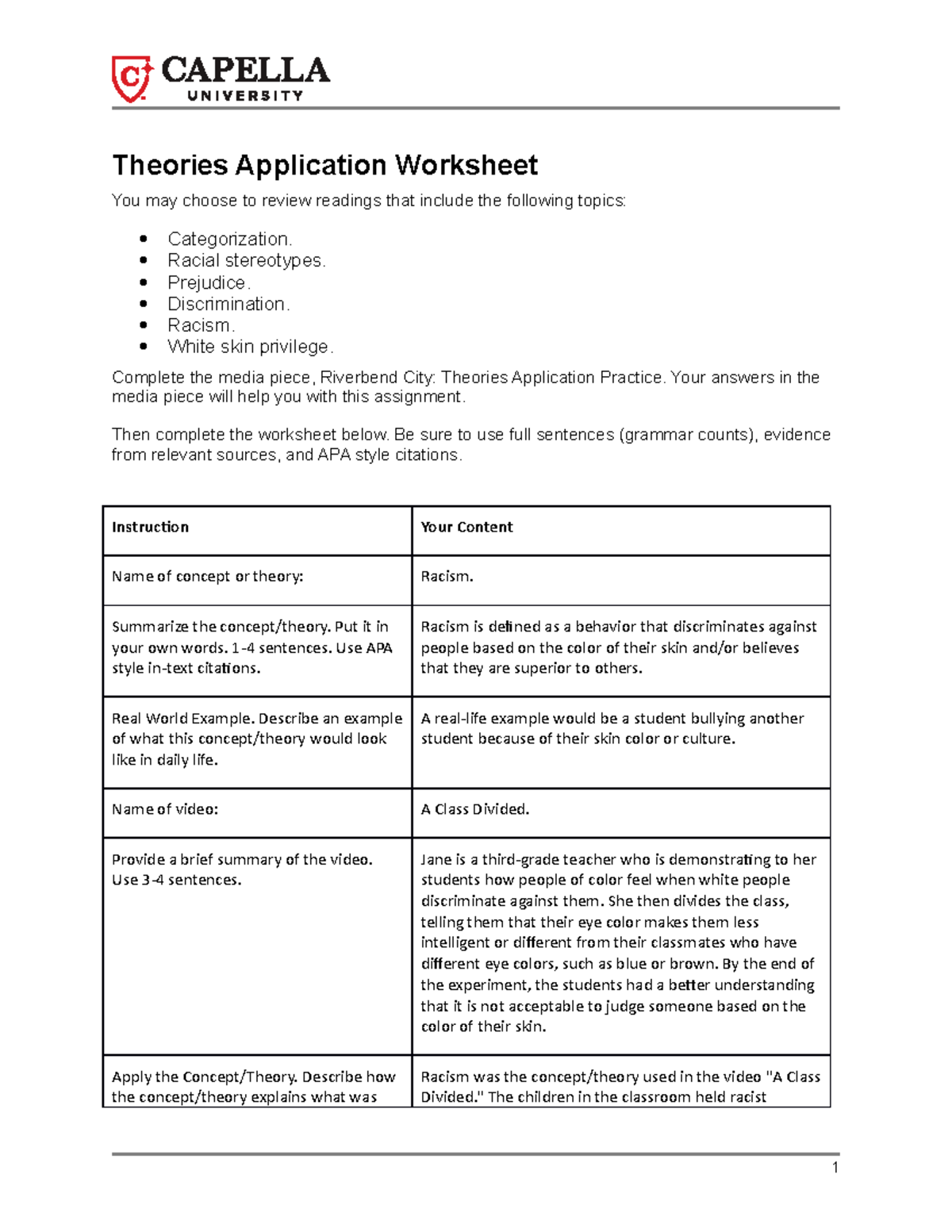 Cf Theories Application Worksheet - Theories Application Worksheet You ...