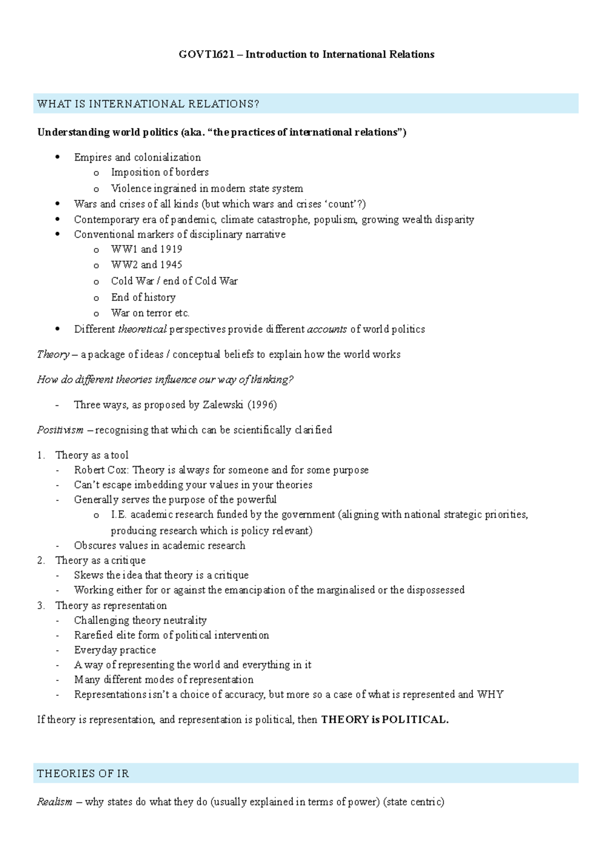 GOVT1621 lecture notes - GOVT1621 – Introduction to International ...