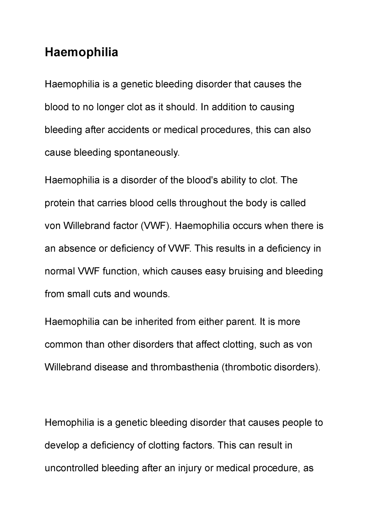 Haemophilia - Notes - Haemophilia Haemophilia Is A Genetic Bleeding ...