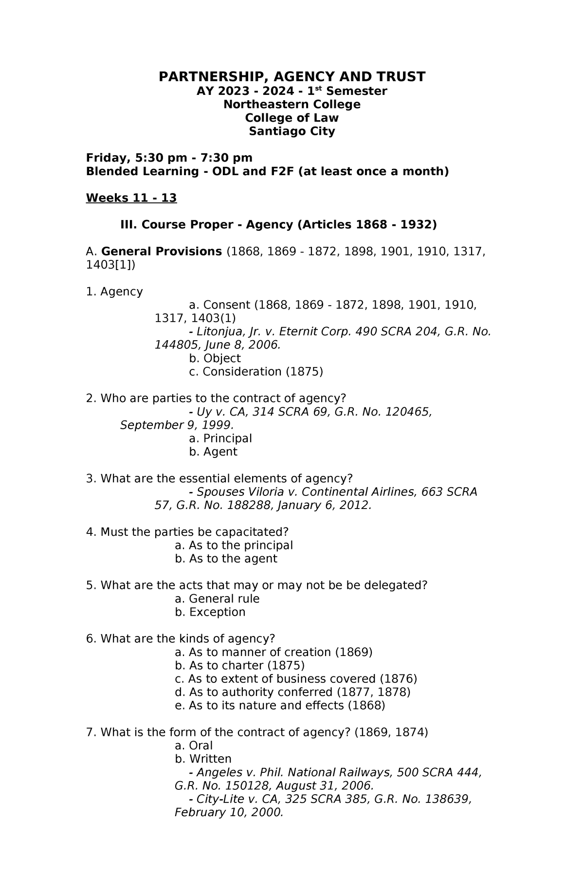 Syllabus Part 3 Agency Trust and Partnership - PARTNERSHIP, AGENCY AND ...