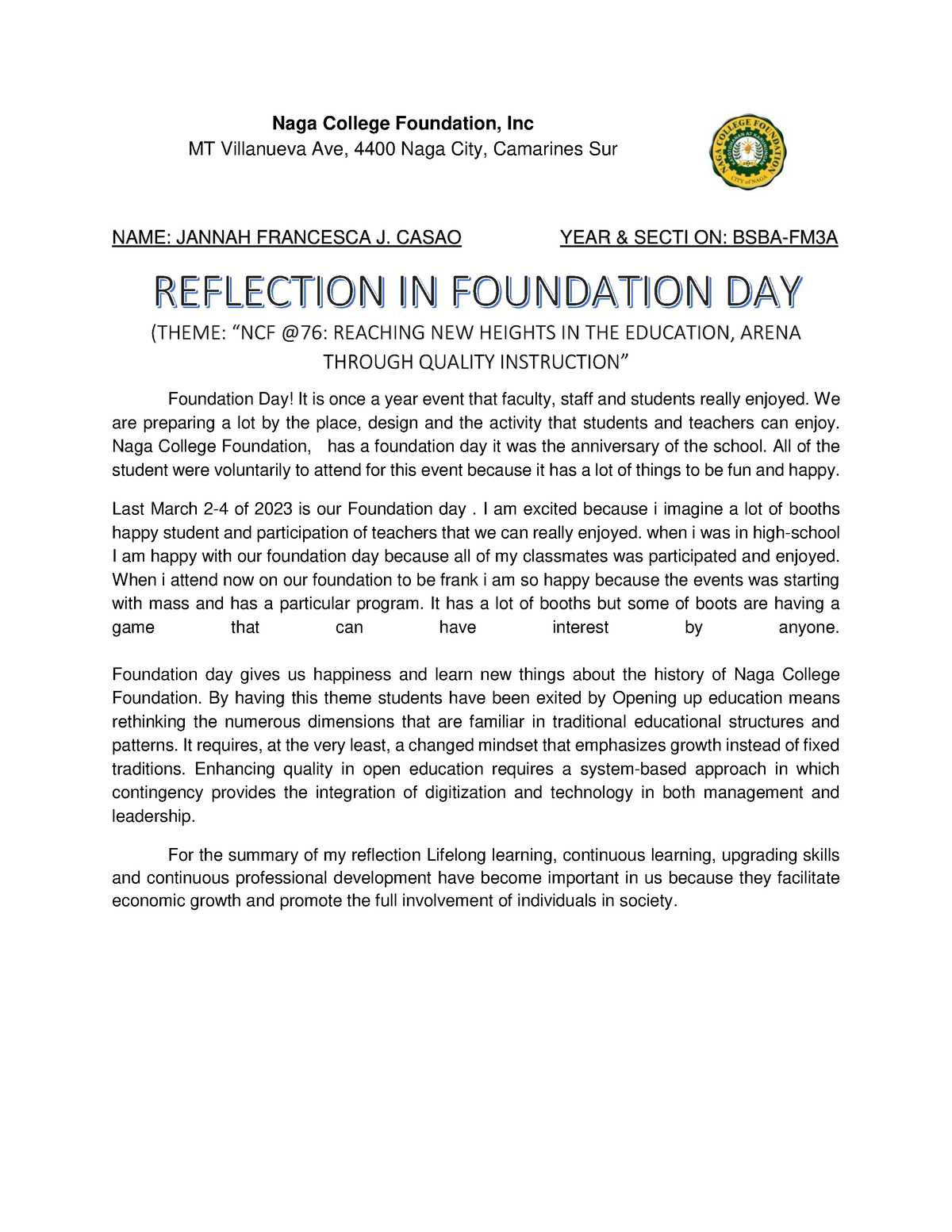 foundation day reflection essay brainly