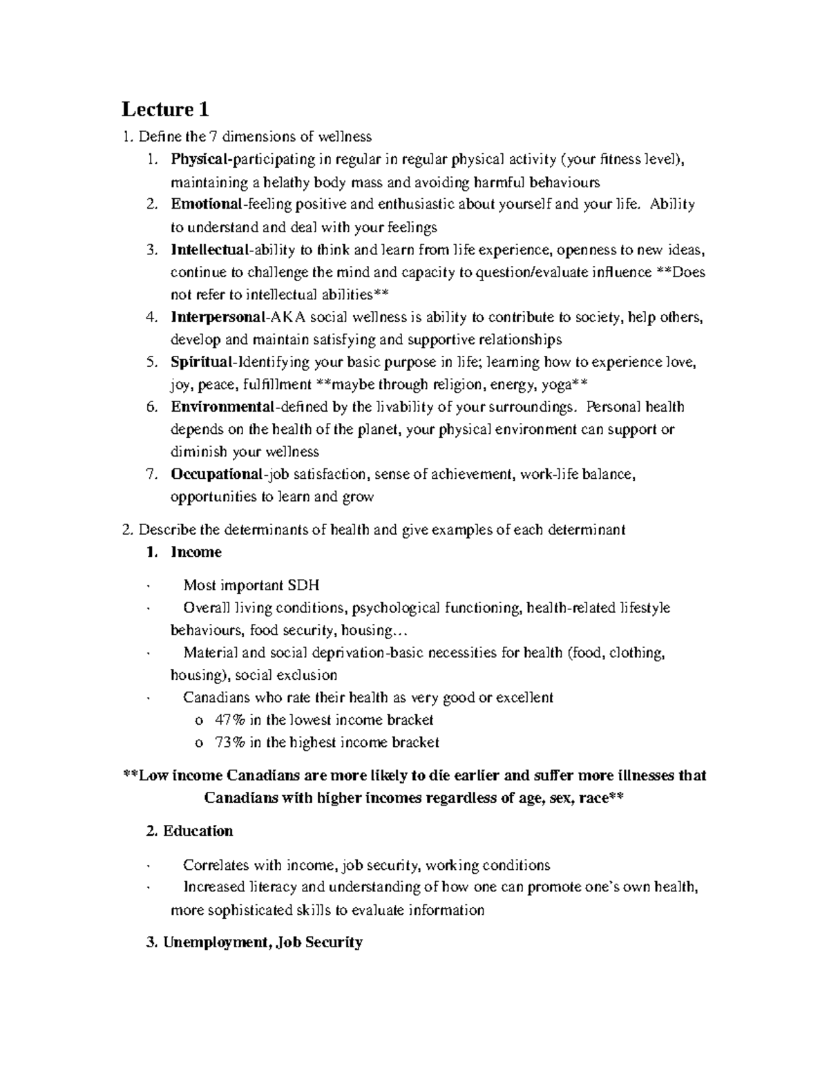 KIN 170 - Midterm 1 Review - Lecture 1 1. Define the 7 dimensions of ...