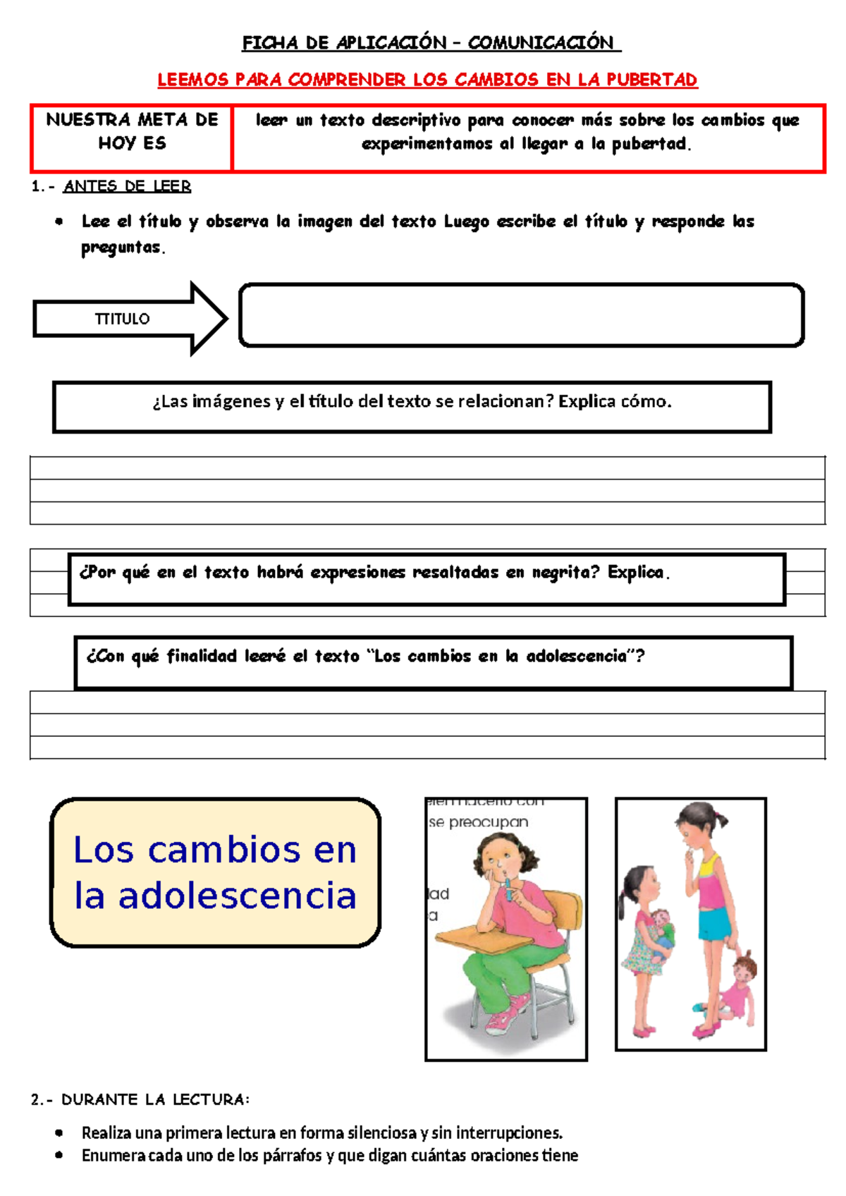 1- ficha de aplicacion - Lectura Cambios EN LA Pubertad - FICHA DE ...
