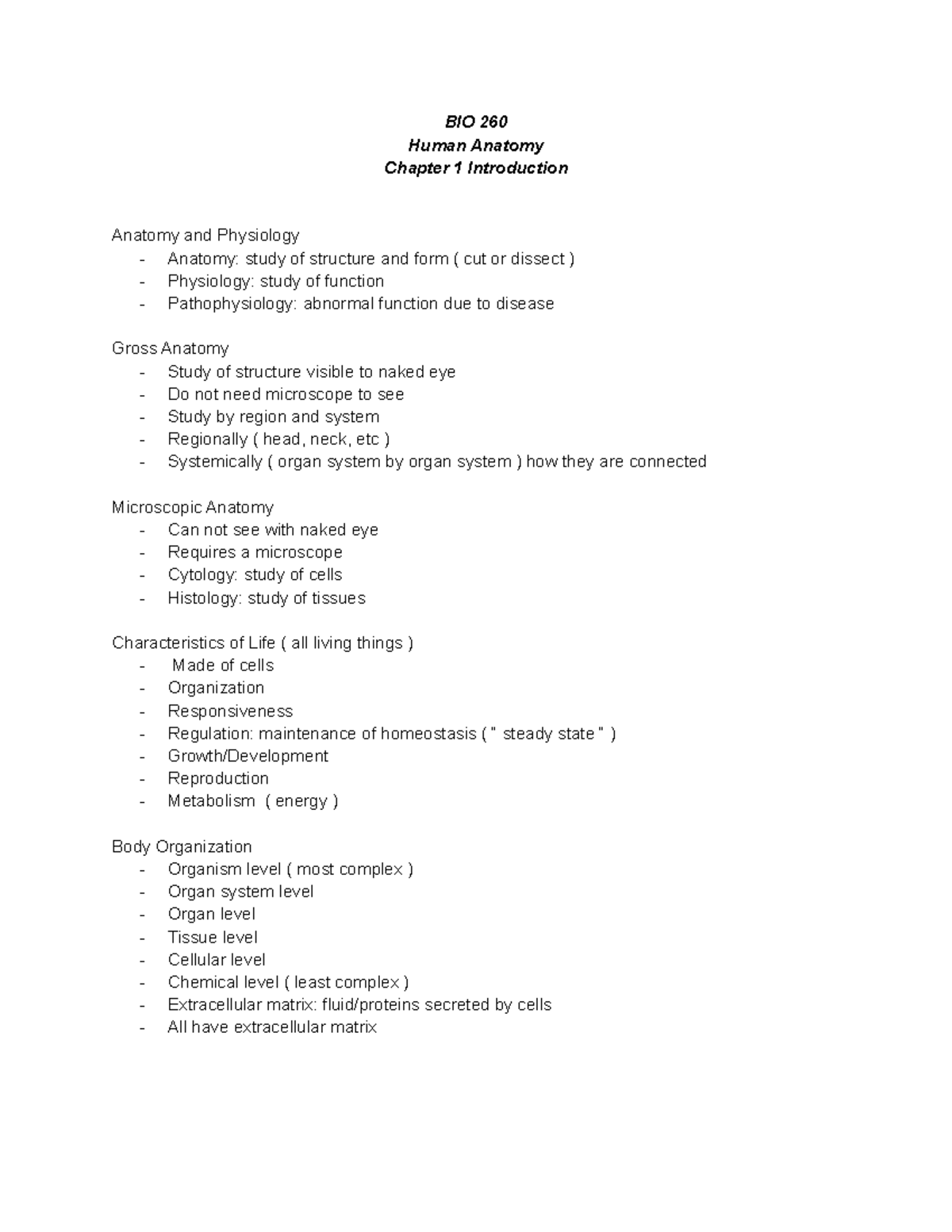 BIO 260 Ch. 1 Notes - BIO 260 Human Anatomy Chapter 1 Introduction ...