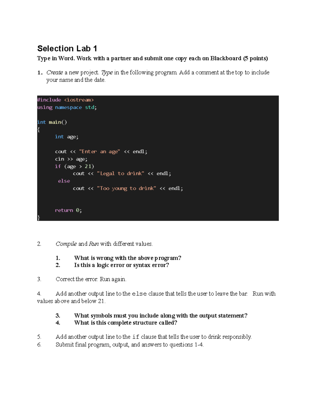 Selection Lab 1 - C++ coding - Selection Lab 1 Type in Word. Work with ...