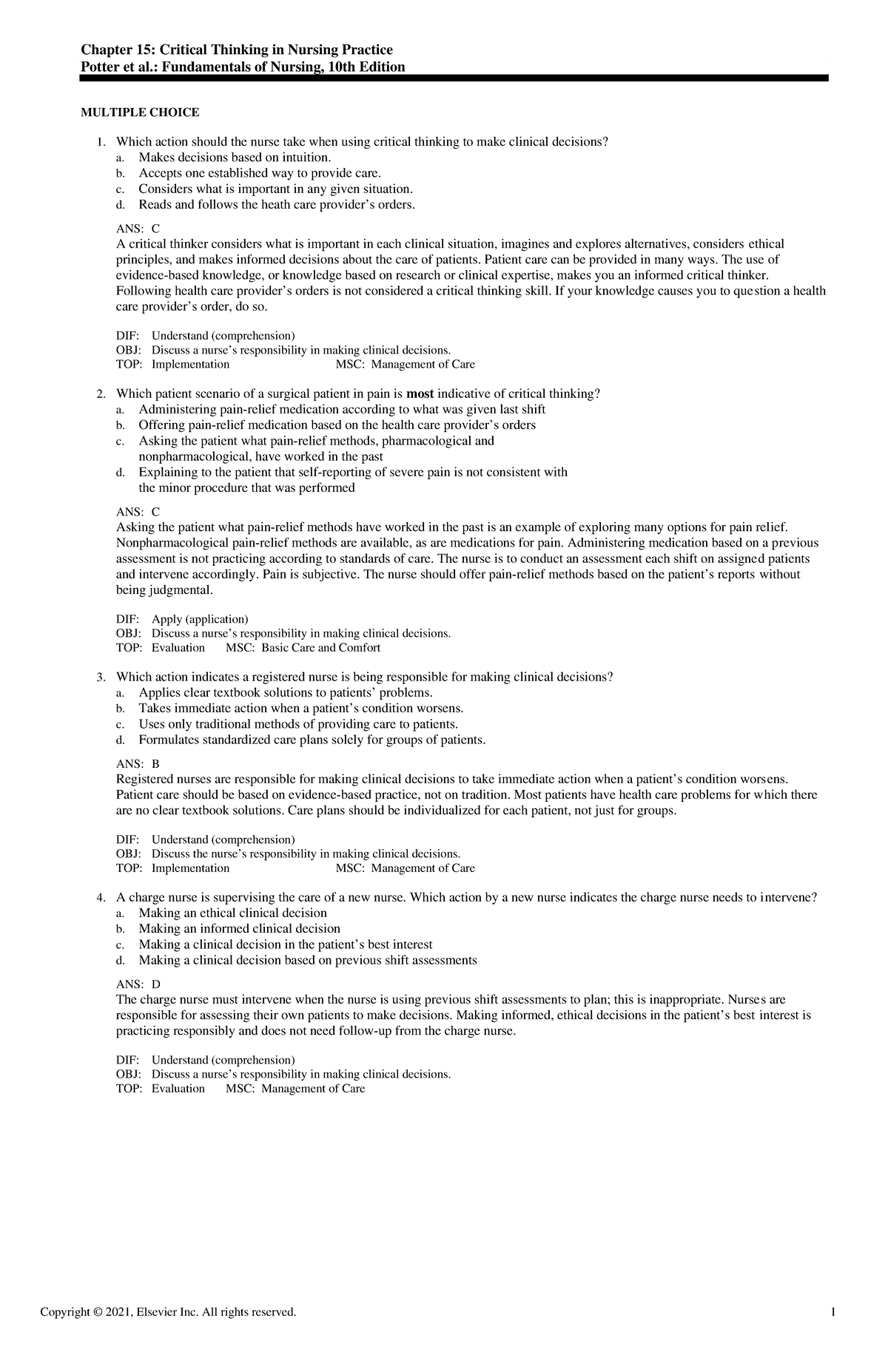 Exam View - Chapter 15 - Fundamentals of Nursing - Chapter 15: Critical ...