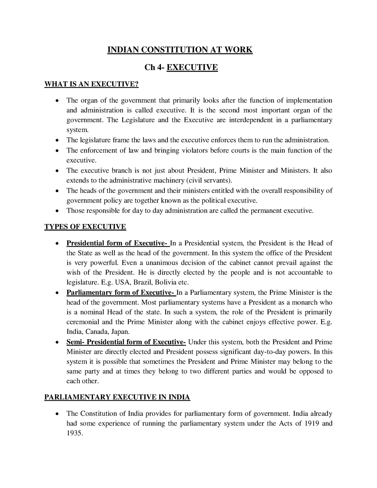 11 Political Science- Executive- Notes - INDIAN CONSTITUTION AT WORK Ch ...