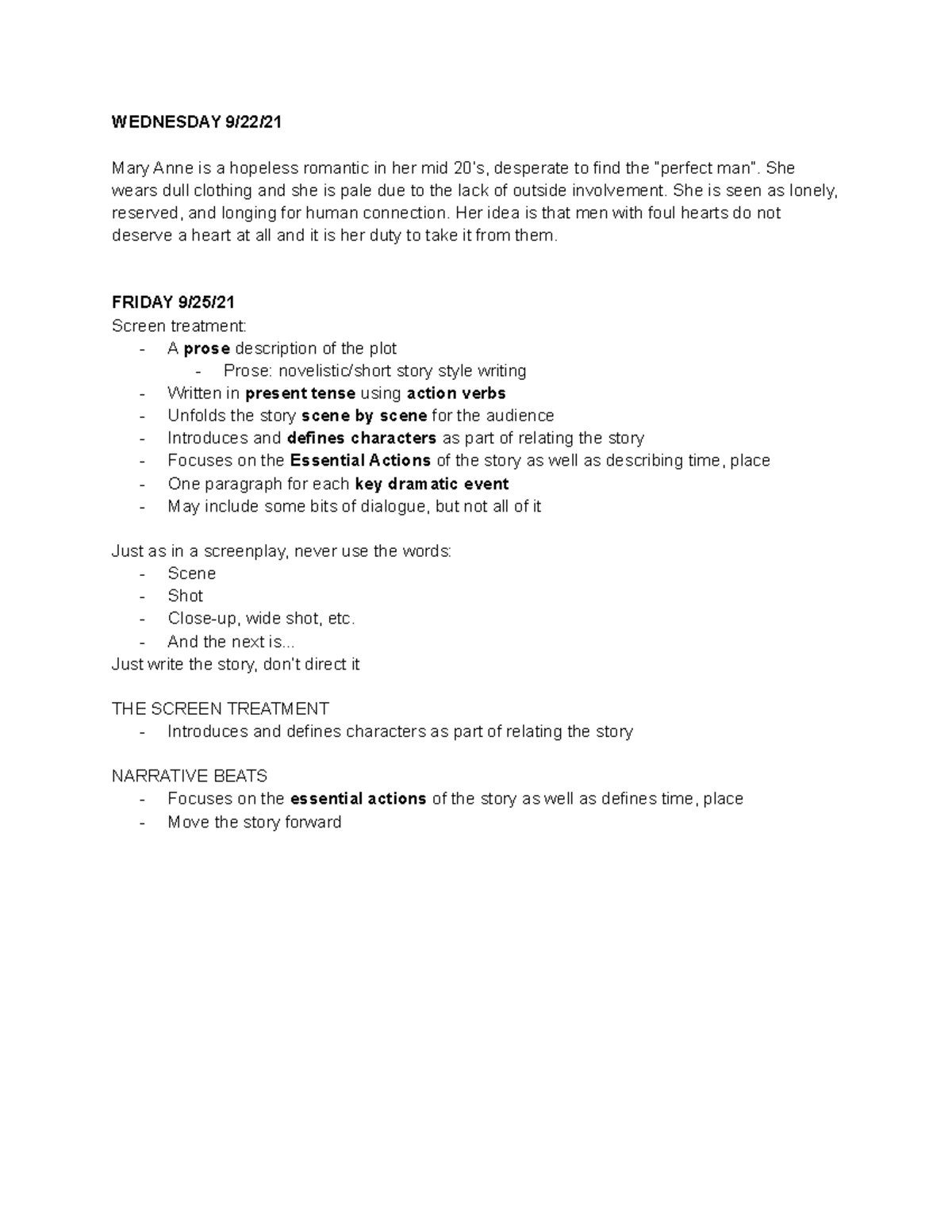 Screen Treatment Notes WEDNESDAY 9 22 Mary Anne Is A Hopeless Screen Treatment Notes WEDNESDAY 9 22 Mary Anne Is A Hopeless