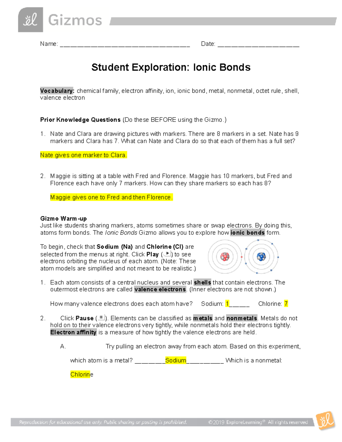 Gizmo Ionic Bonds Name ______________________________________ Date