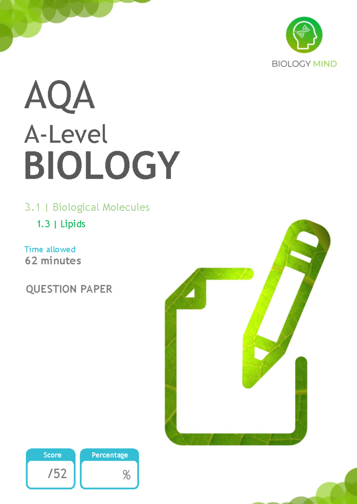 Lipids Qp Cell Biology Question Paper Score Percentage Aqa A Level