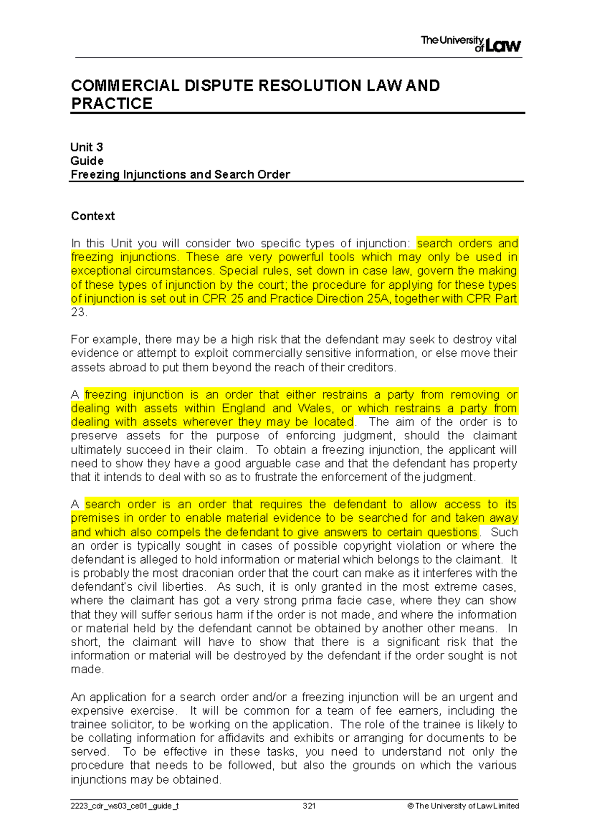 WS 3 - Injunction - Workshop 3 CDR - COMMERCIAL DISPUTE RESOLUTION LAW ...
