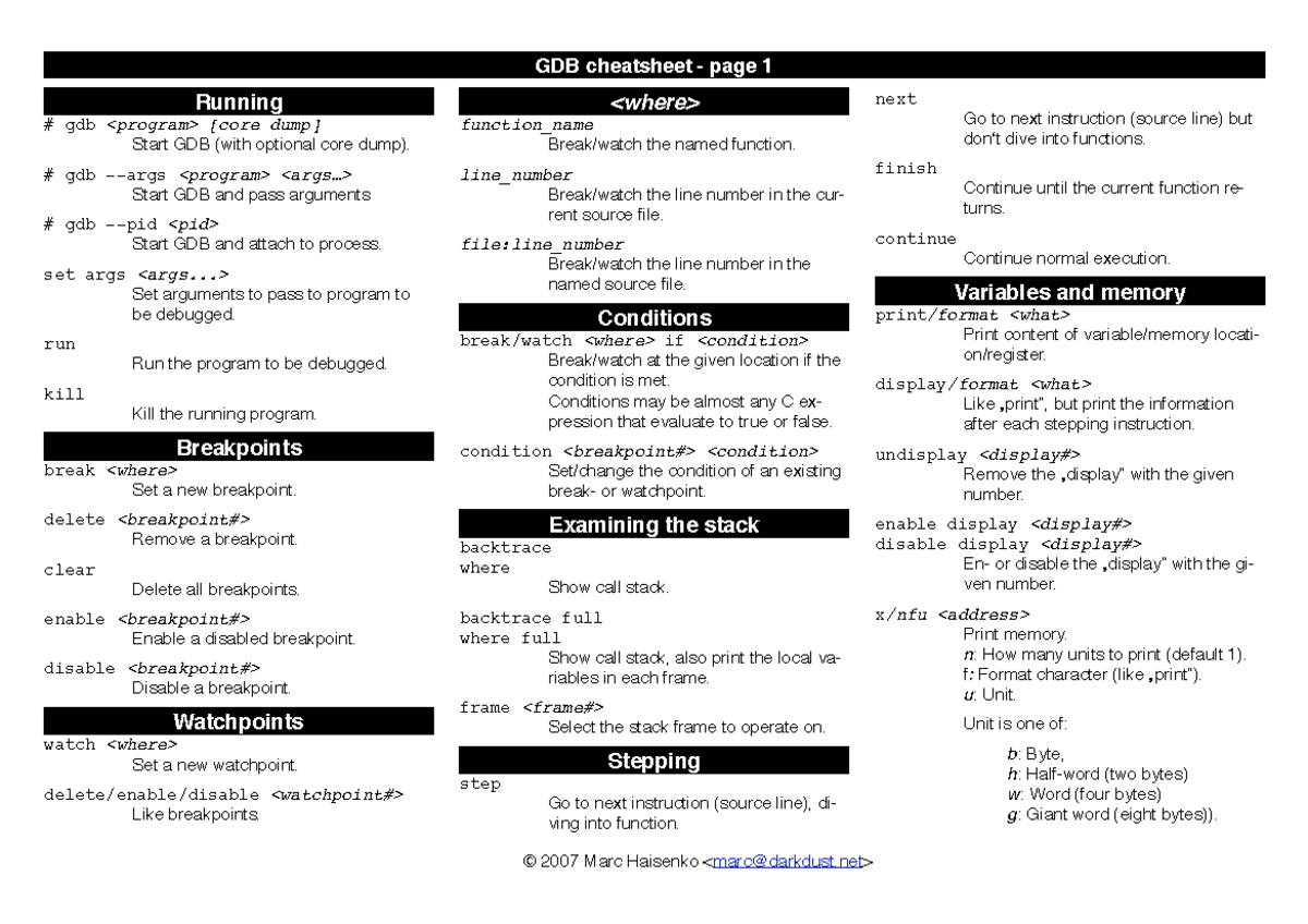 GDB Cheat Sheet - Running gdb [core dump] Start GDB (with optional core ...