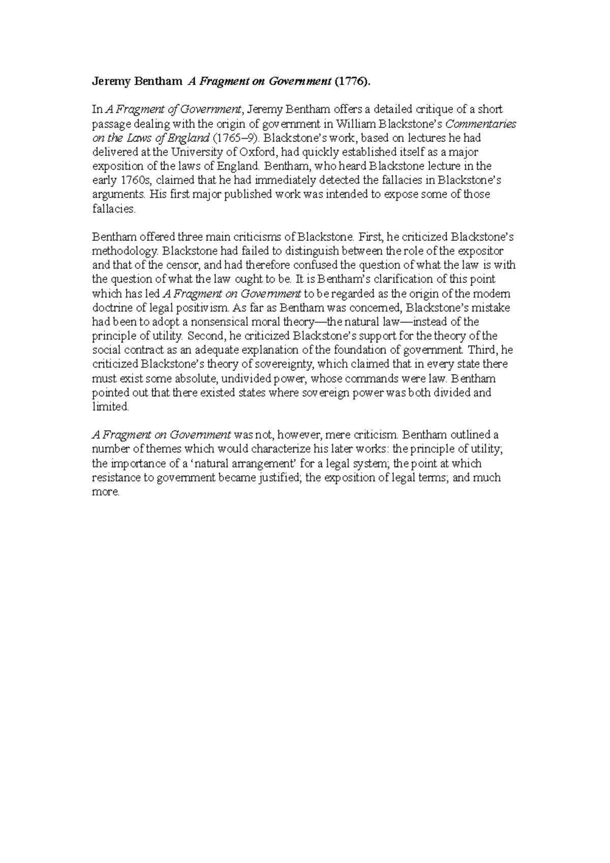 Jeremy Bentham - Fragment Notes - Jeremy Bentham A Fragment on ...