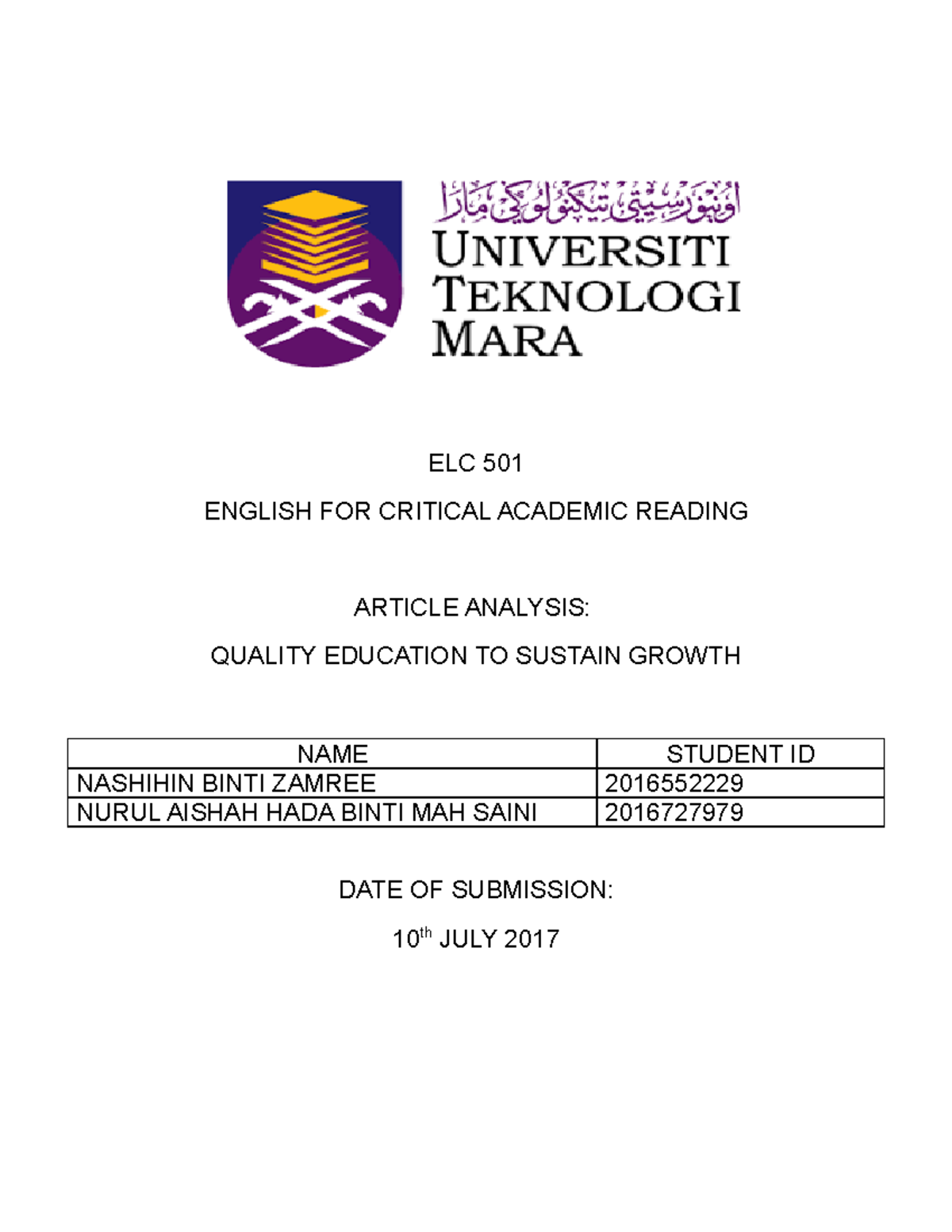 ELC501 Article Analysis Printed - ELC 501 ENGLISH FOR CRITICAL ACADEMIC ...