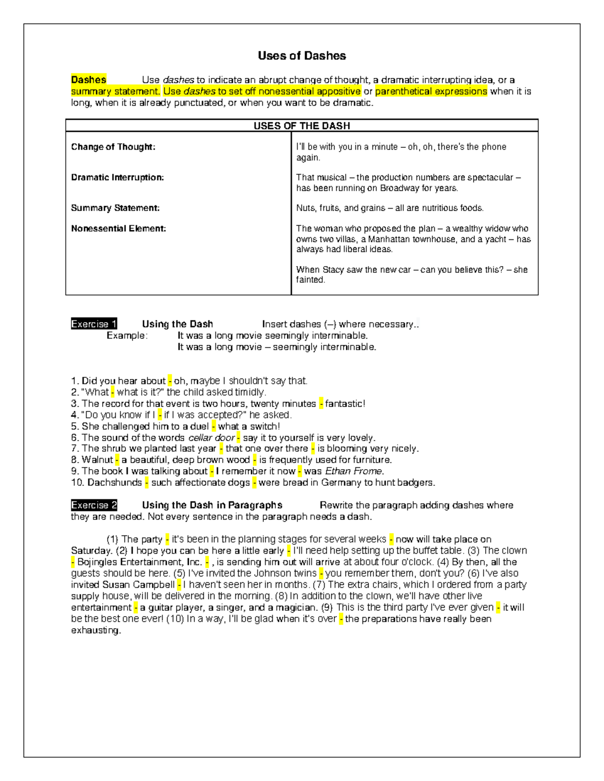 Uses of Dashes - Uses of Dashes Dashes Use dashes to indicate an abrupt ...