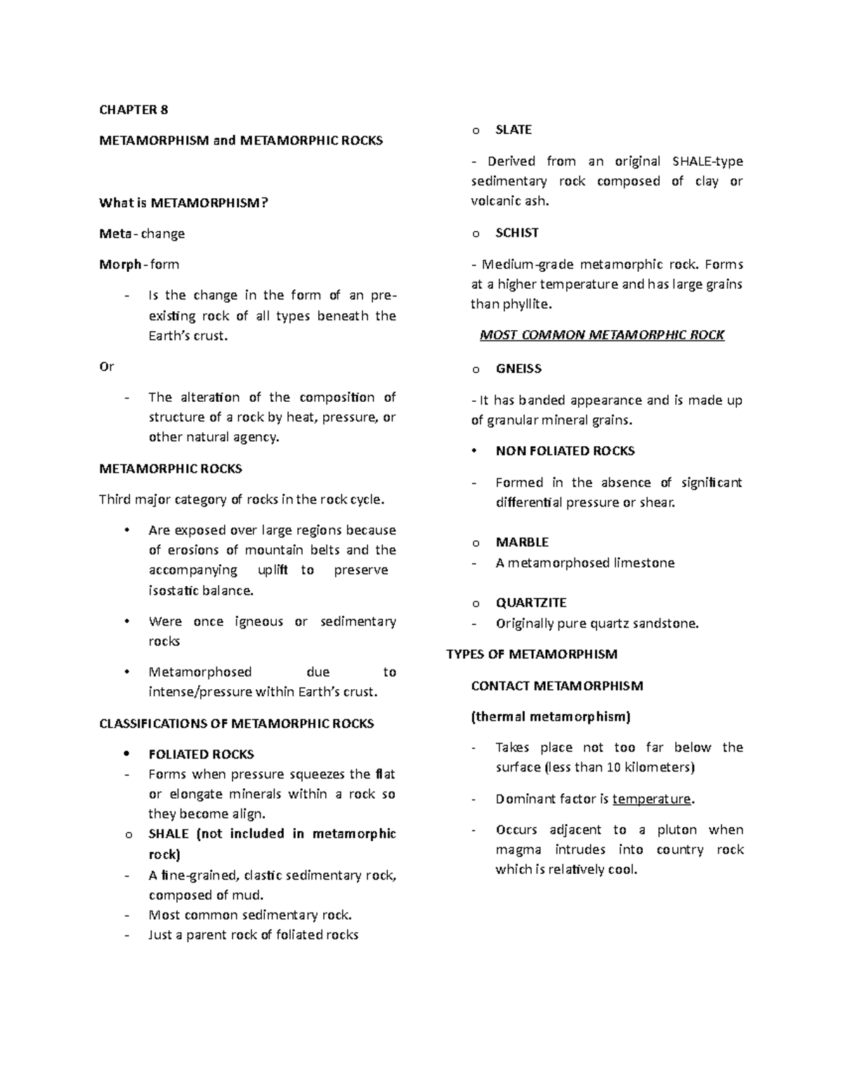 Chapter-8 - Earth Science notes - CHAPTER 8 METAMORPHISM and ...