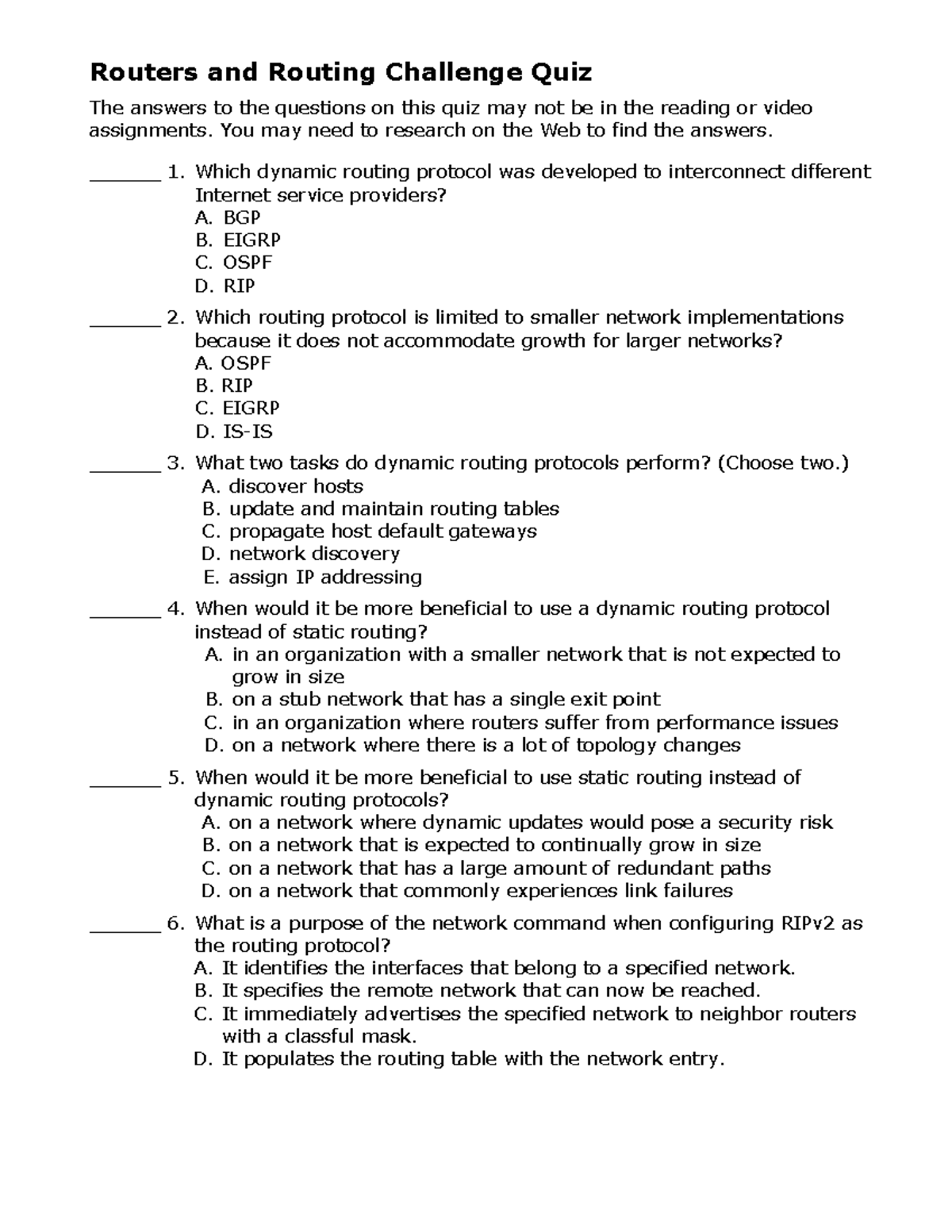 Routing and Routers Challenge Quiz - Routers and Routing Challenge Quiz ...