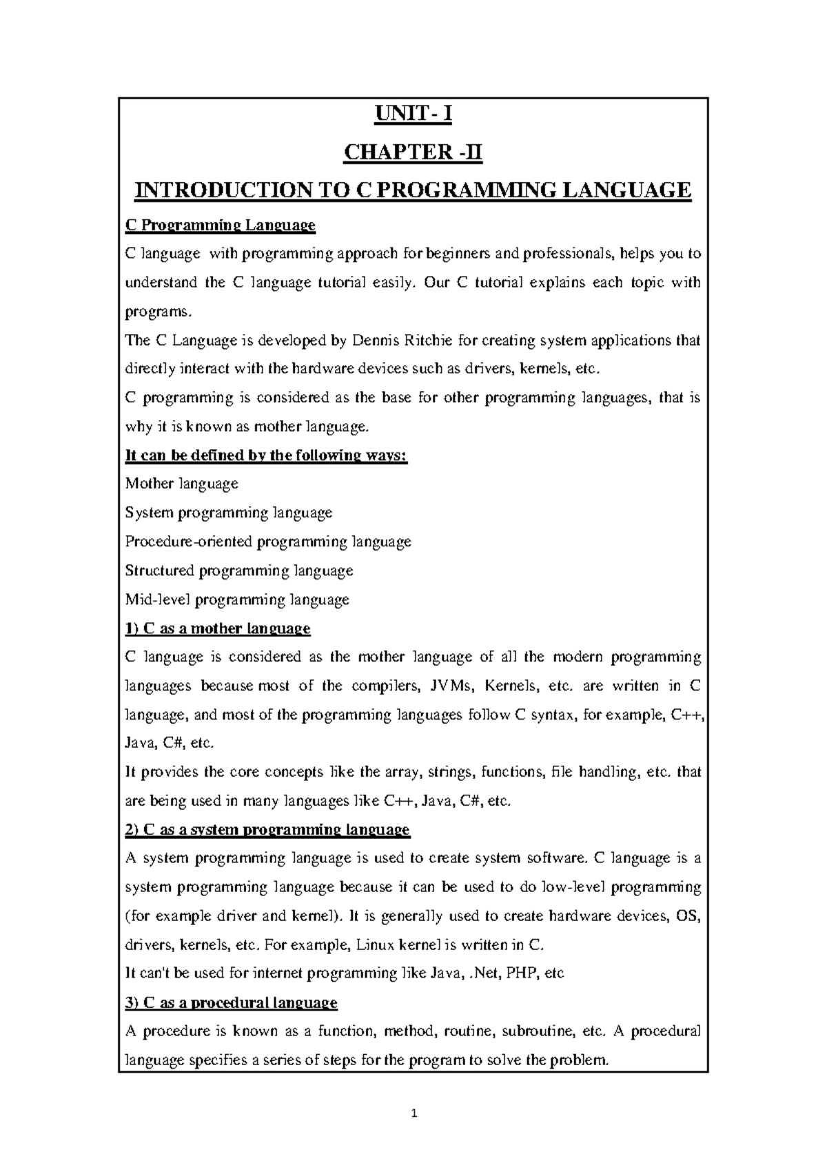 Chapter(II) - detailed notes - UNIT- I CHAPTER - II INTRODUCTION TO C ...