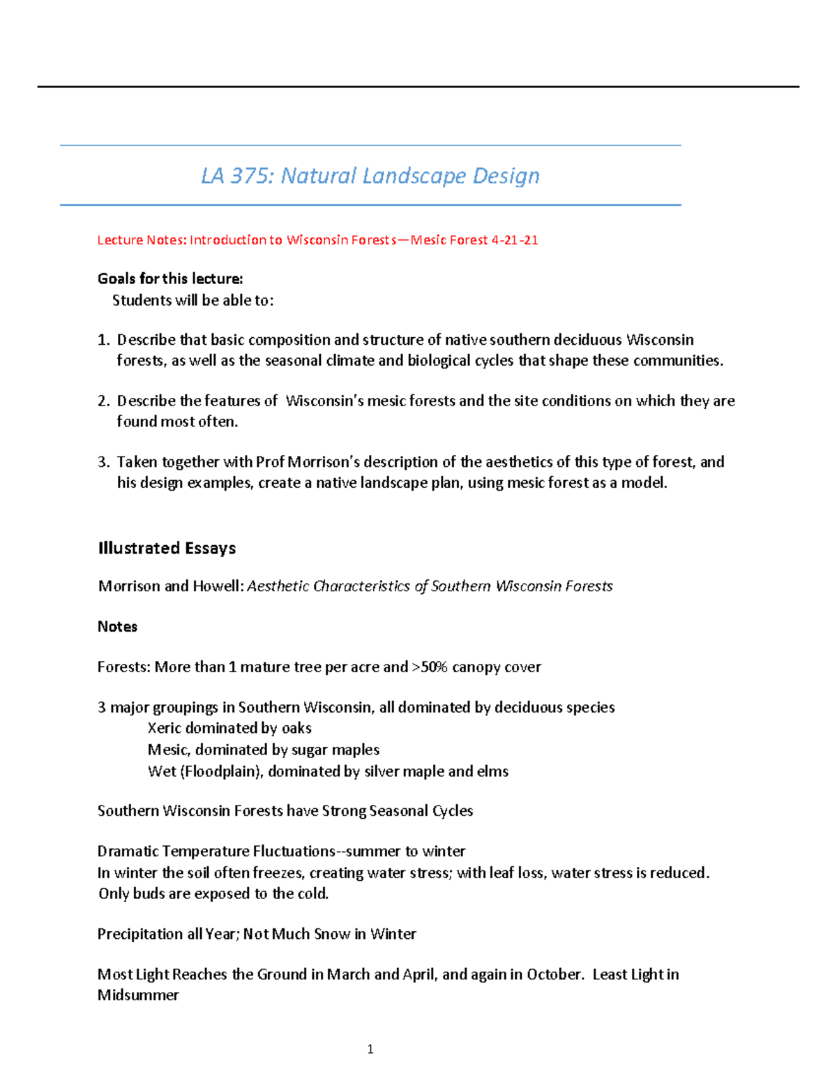 Lecture Notes Forest 1 4 21 21 - LA 375: Natural Landscape Design ...