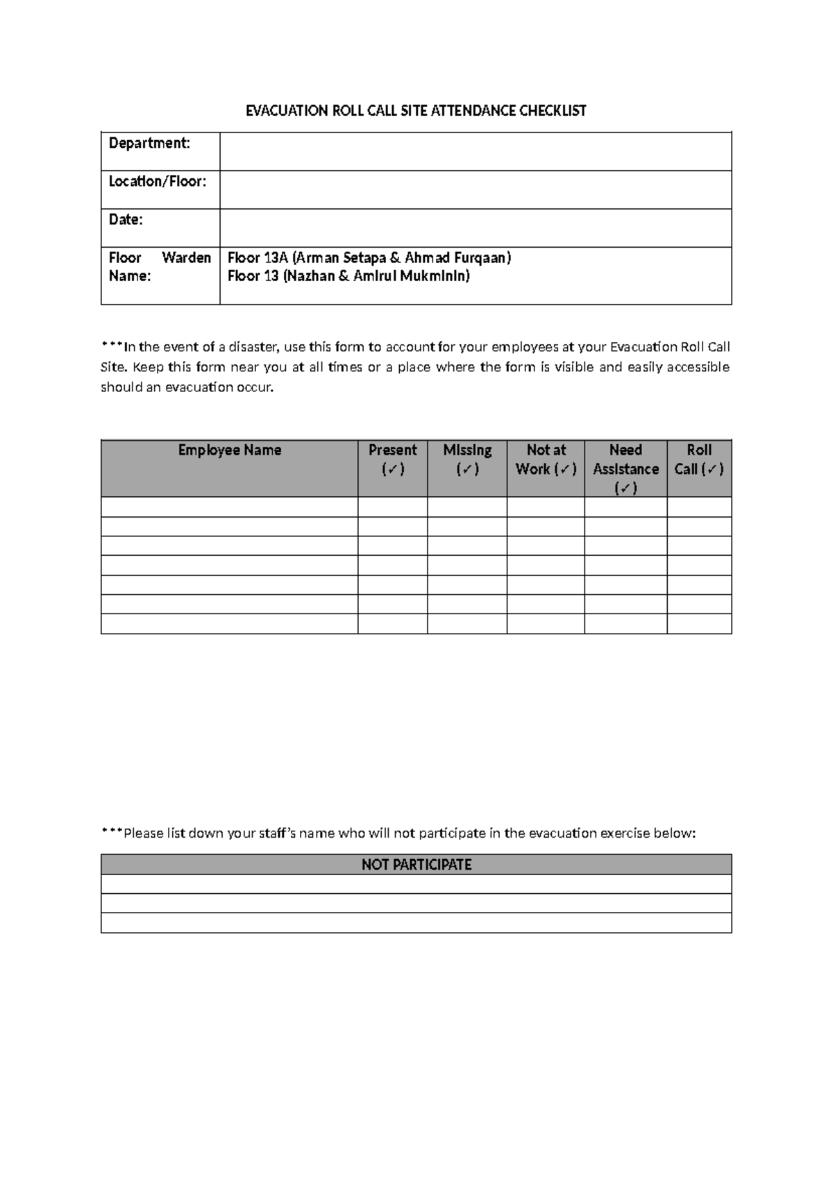 Evacuation ROLL CALL SITE Attendance Checklist - EVACUATION ROLL CALL ...